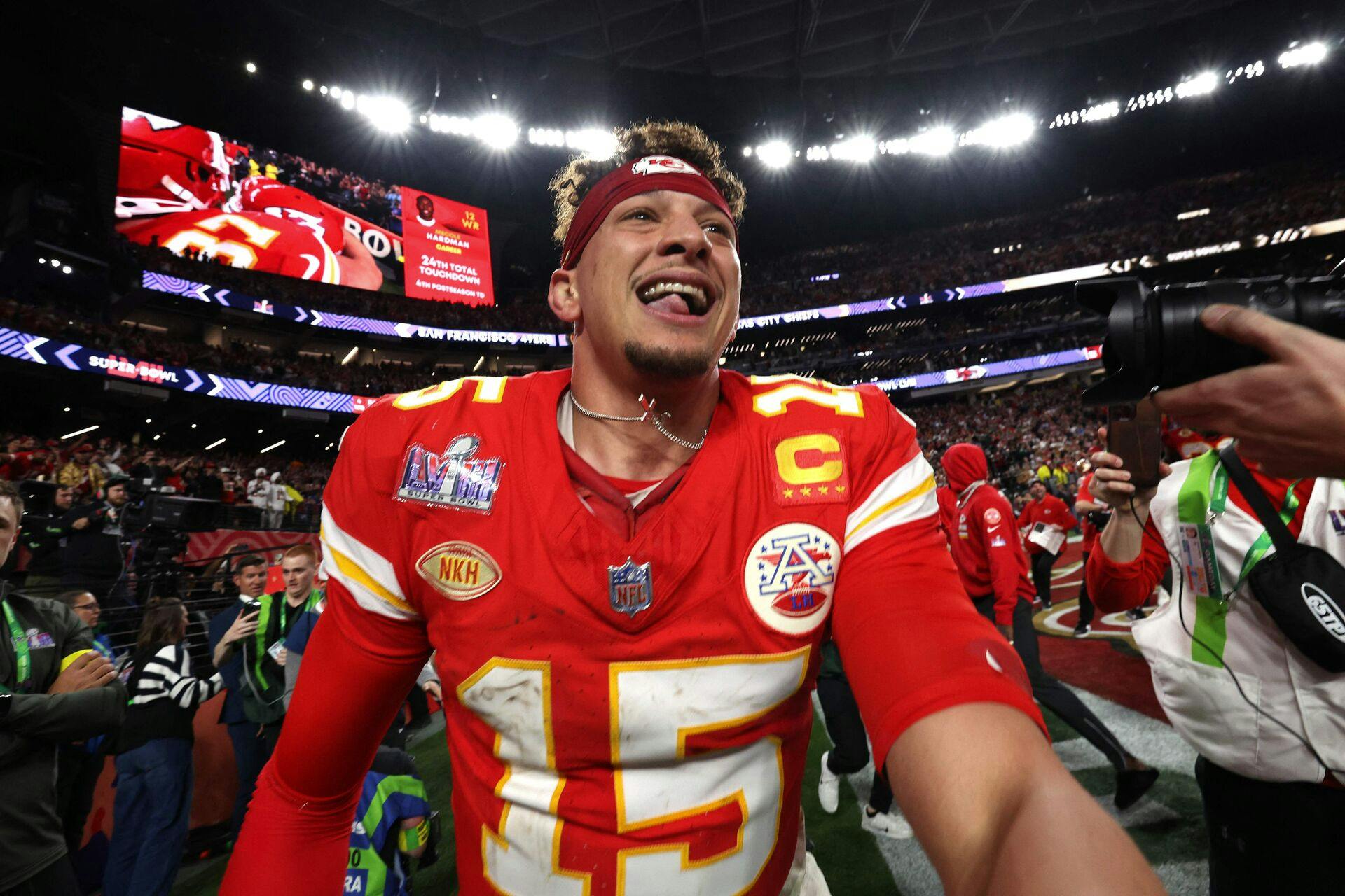LAS VEGAS, NEVADA - FEBRUARY 11: Patrick Mahomes #15 of the Kansas City Chiefs celebrates after defeating the San Francisco 49ers 25-22 /d during Super Bowl LVIII at Allegiant Stadium on February 11, 2024 in Las Vegas, Nevada. Jamie Squire/Getty Images/AFP (Photo by JAMIE SQUIRE / GETTY IMAGES NORTH AMERICA / Getty Images via AFP)