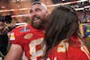 Kansas City Chiefs tight end Travis Kelce (87) celebrates after the NFL Super Bowl 58 football game against the San Francisco 49ers, Sunday, Feb. 11, 2024, in Las Vegas. The Chiefs won 25-22. (AP Photo/George Walker IV)