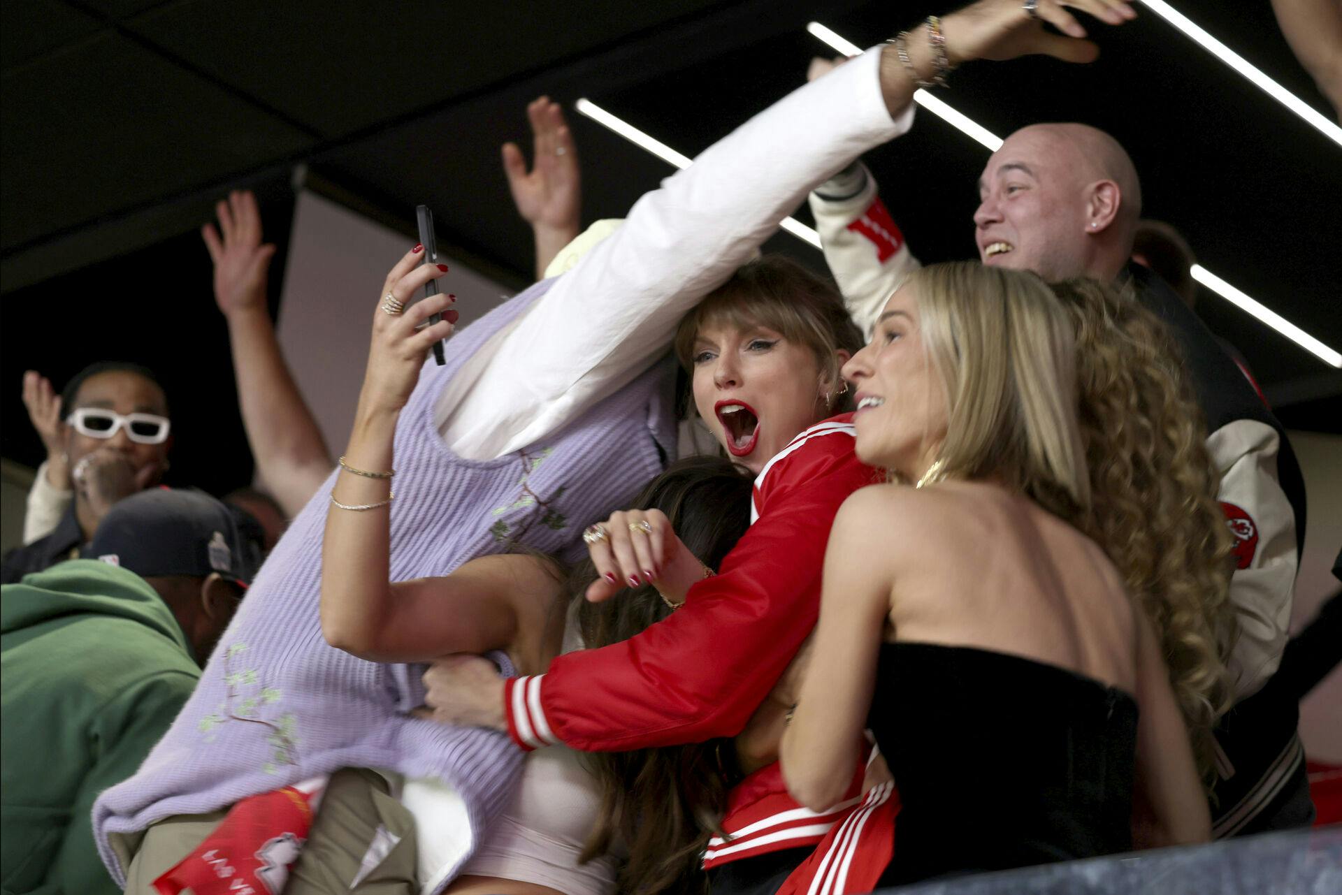 Taylor Swift celebrates Kansas City Chiefs winning Super Bowl LVIII, Sunday, Feb. 11, 2024, in Las Vegas. (AP Photo/Mark Von Holden)