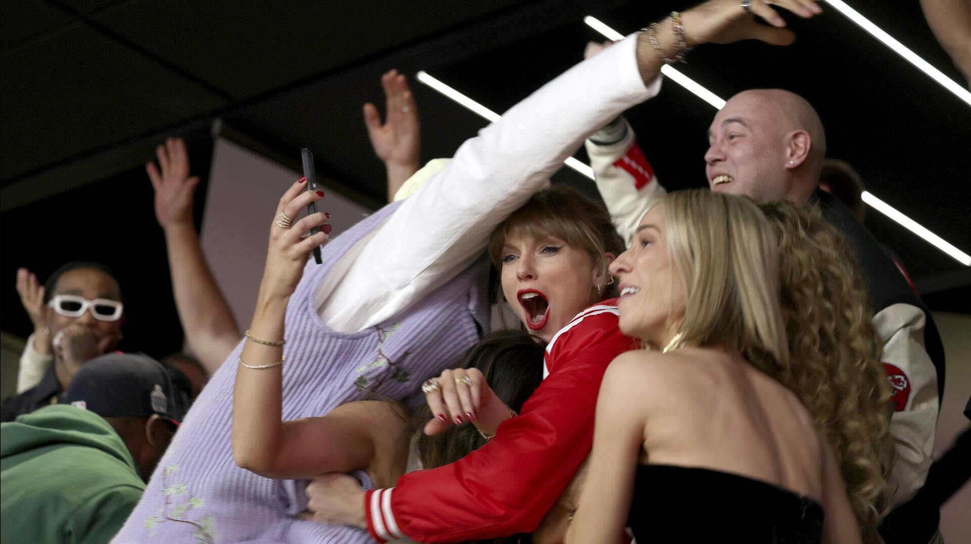 Taylor Swift celebrates Kansas City Chiefs winning Super Bowl LVIII, Sunday, Feb. 11, 2024, in Las Vegas. (AP Photo/Mark Von Holden)