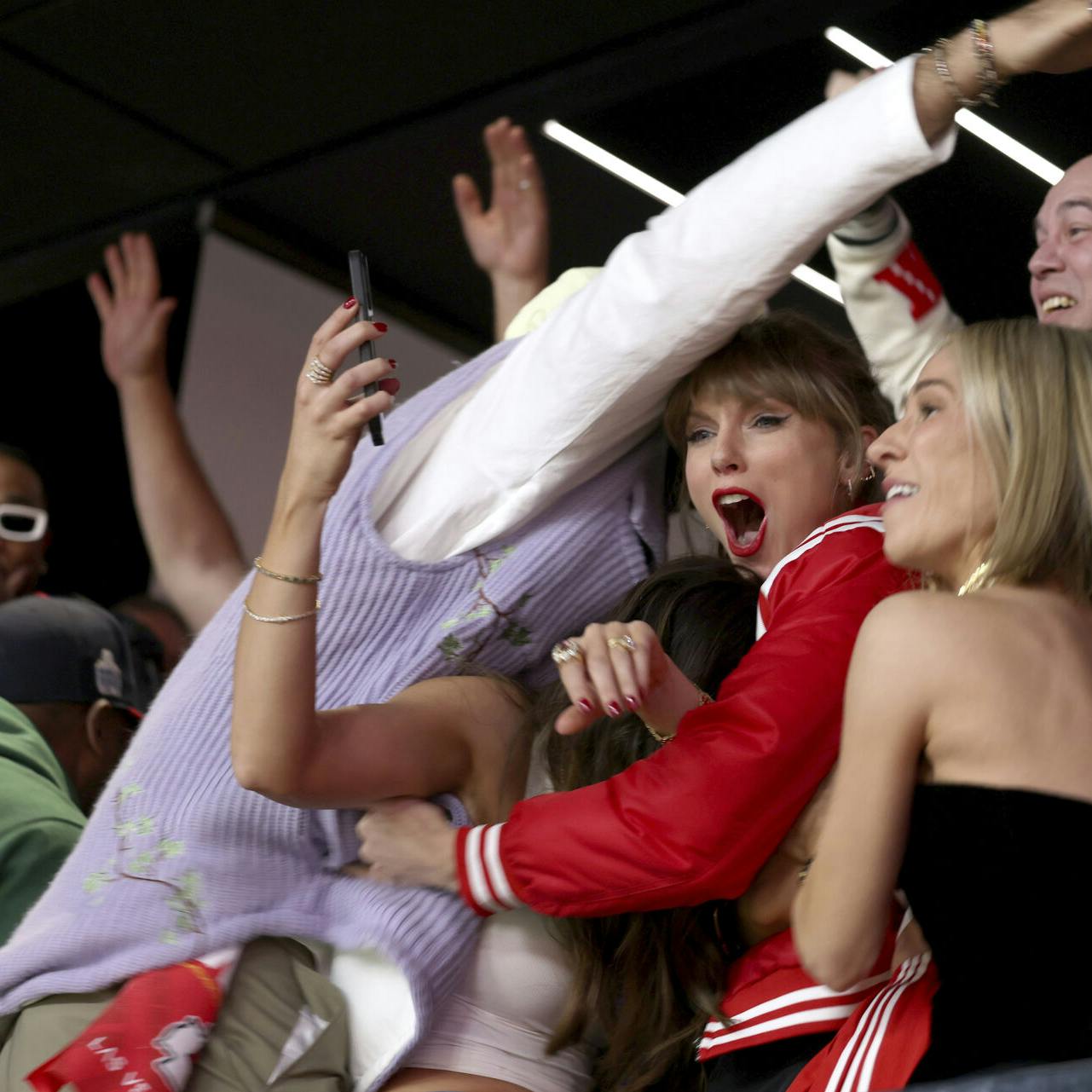 Taylor Swift celebrates Kansas City Chiefs winning Super Bowl LVIII, Sunday, Feb. 11, 2024, in Las Vegas. (AP Photo/Mark Von Holden)