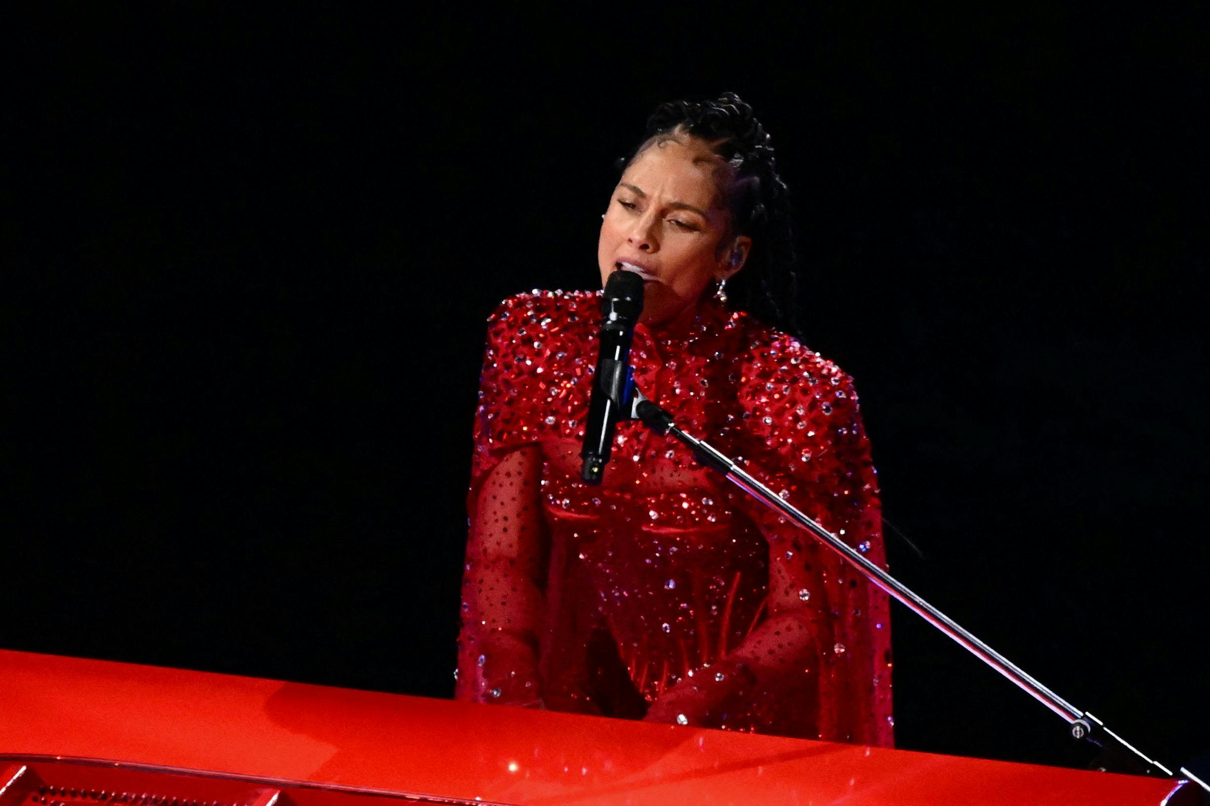 US singer-songwriter Alicia Keys performs during Apple Music halftime show of Super Bowl LVIII between the Kansas City Chiefs and the San Francisco 49ers at Allegiant Stadium in Las Vegas, Nevada, February 11, 2024. (Photo by Patrick T. Fallon / AFP)