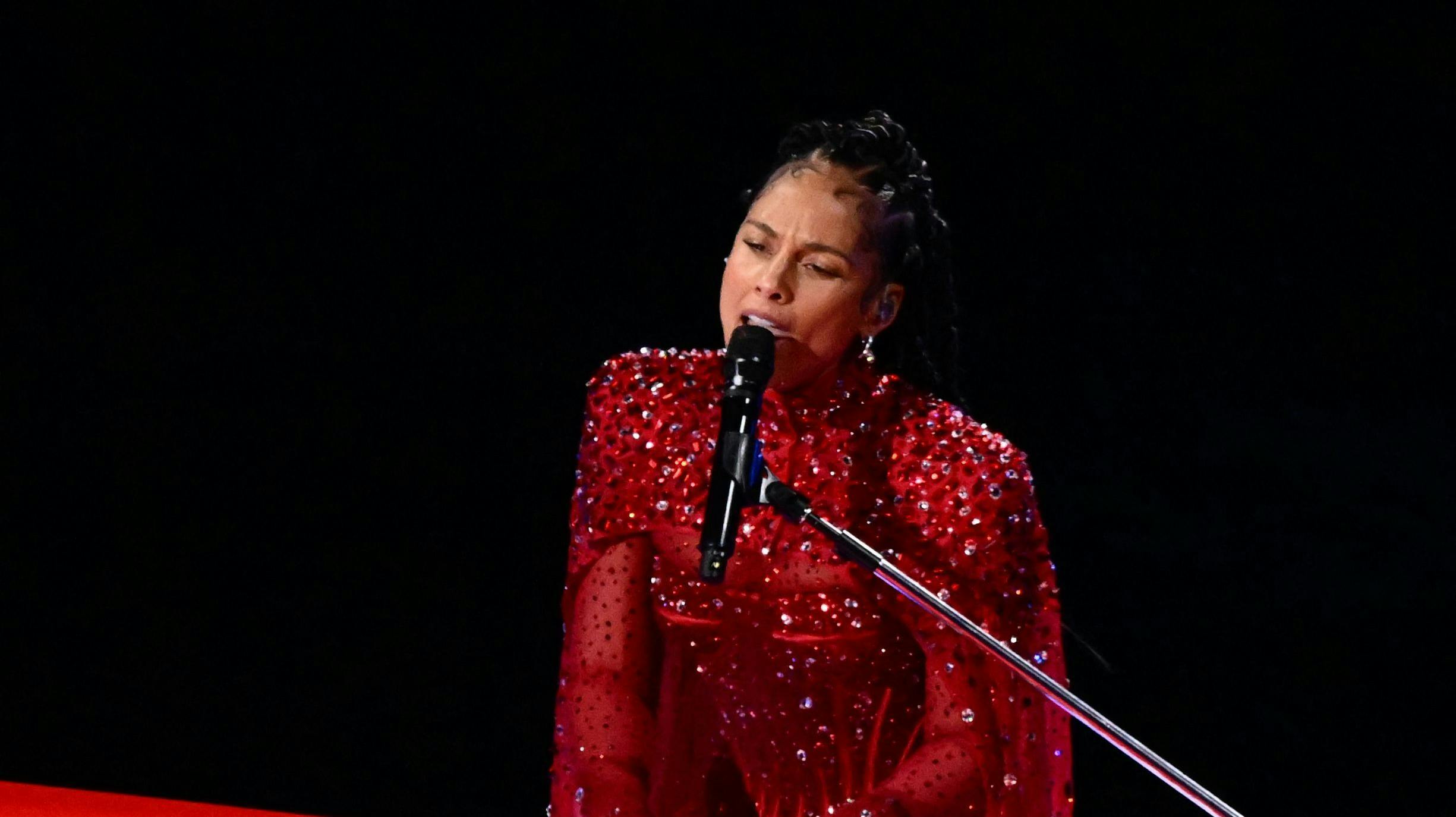 US singer-songwriter Alicia Keys performs during Apple Music halftime show of Super Bowl LVIII between the Kansas City Chiefs and the San Francisco 49ers at Allegiant Stadium in Las Vegas, Nevada, February 11, 2024. (Photo by Patrick T. Fallon / AFP)