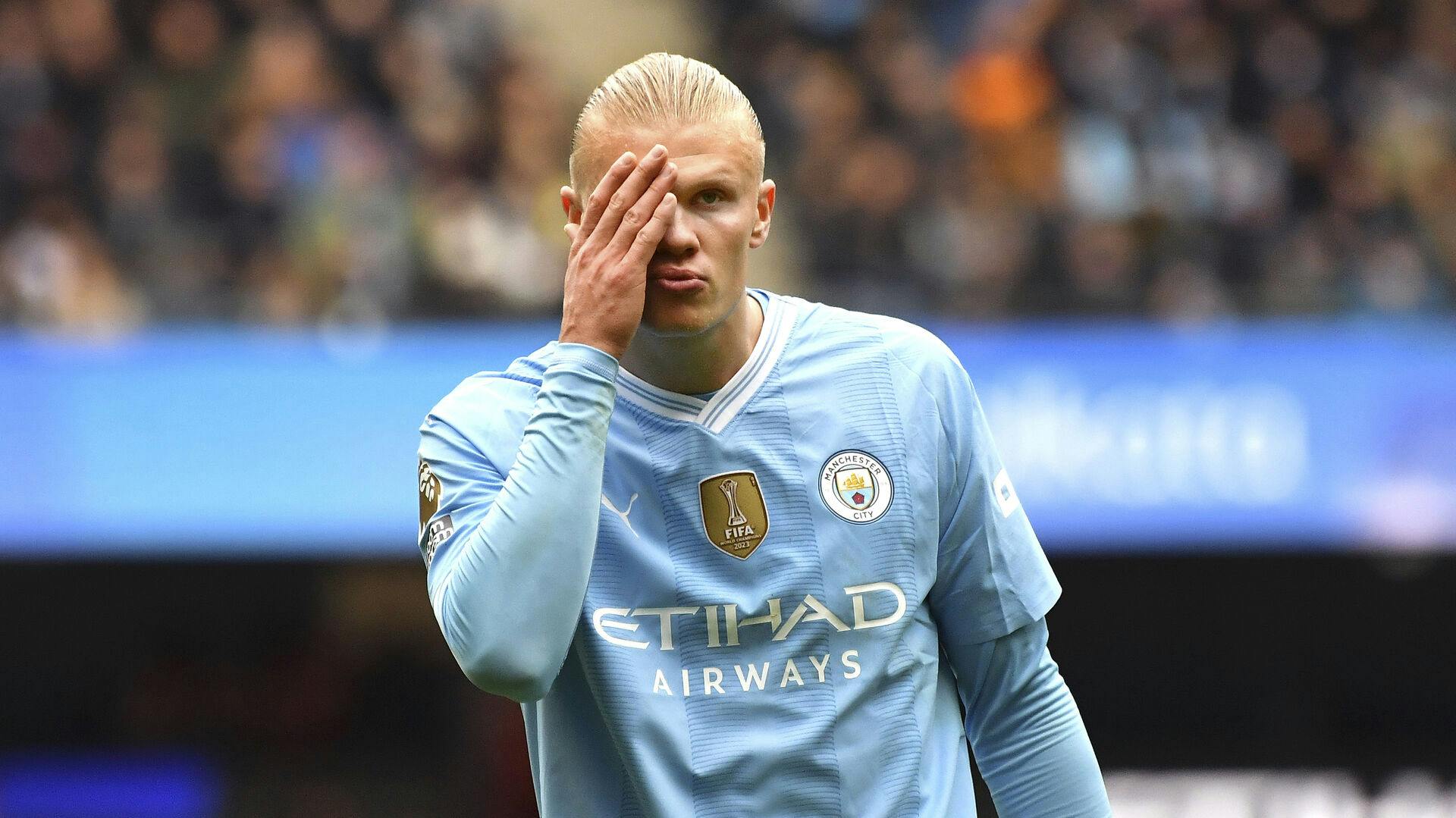 Manchester City's Erling Haaland during the English Premier League soccer match between Manchester City and Everton at Etihad stadium in Manchester, England, Saturday, Feb. 10, 2024. (AP Photo/Rui Vieira)