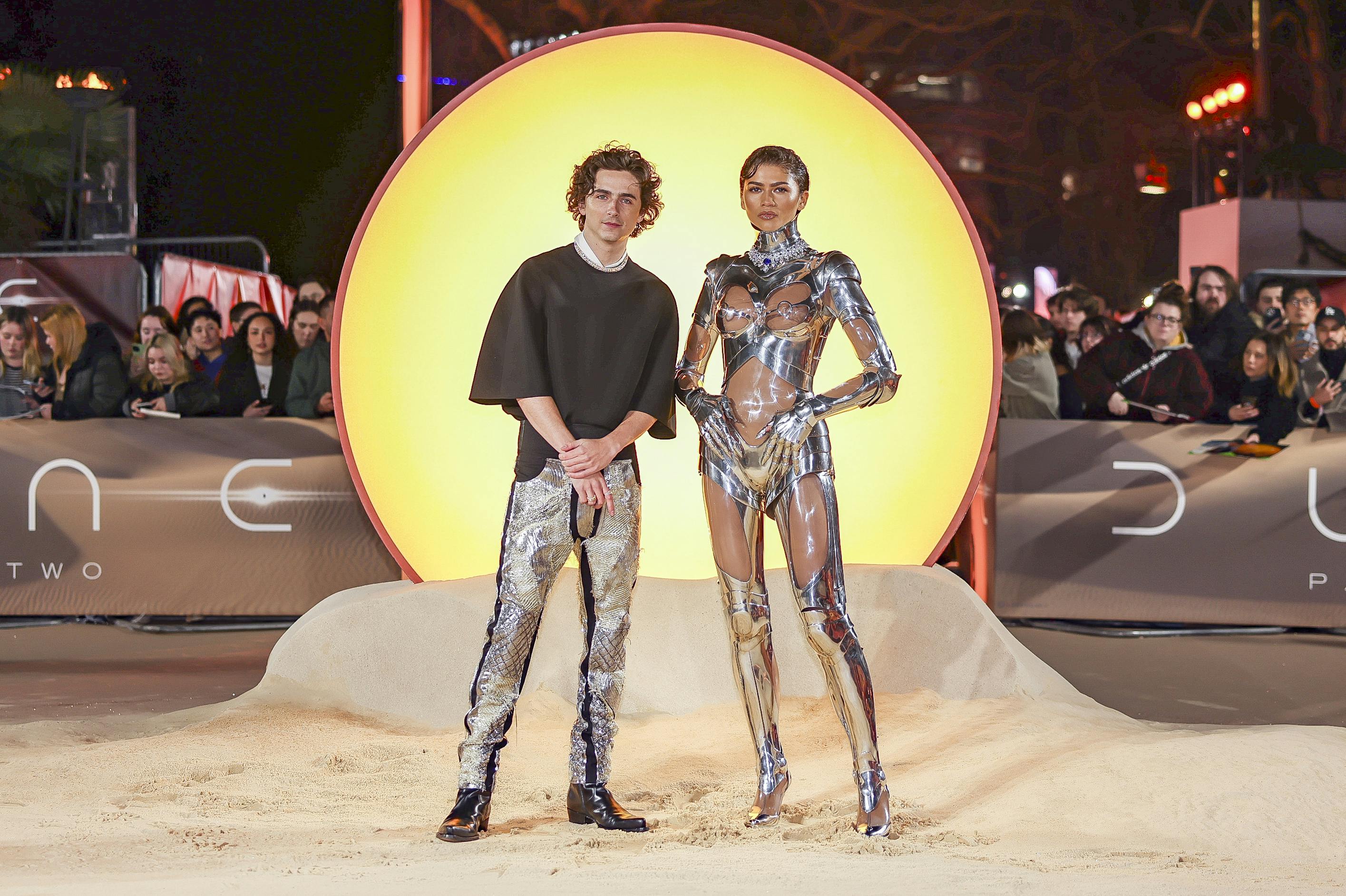 Timothee Chalamet and Zendaya pose for photographers upon arrival at the World premiere of the film 'Dune: Part Two' on Thursday, Feb. 15, 2024 in London. (Photo by Vianney Le Caer/Invision/AP)