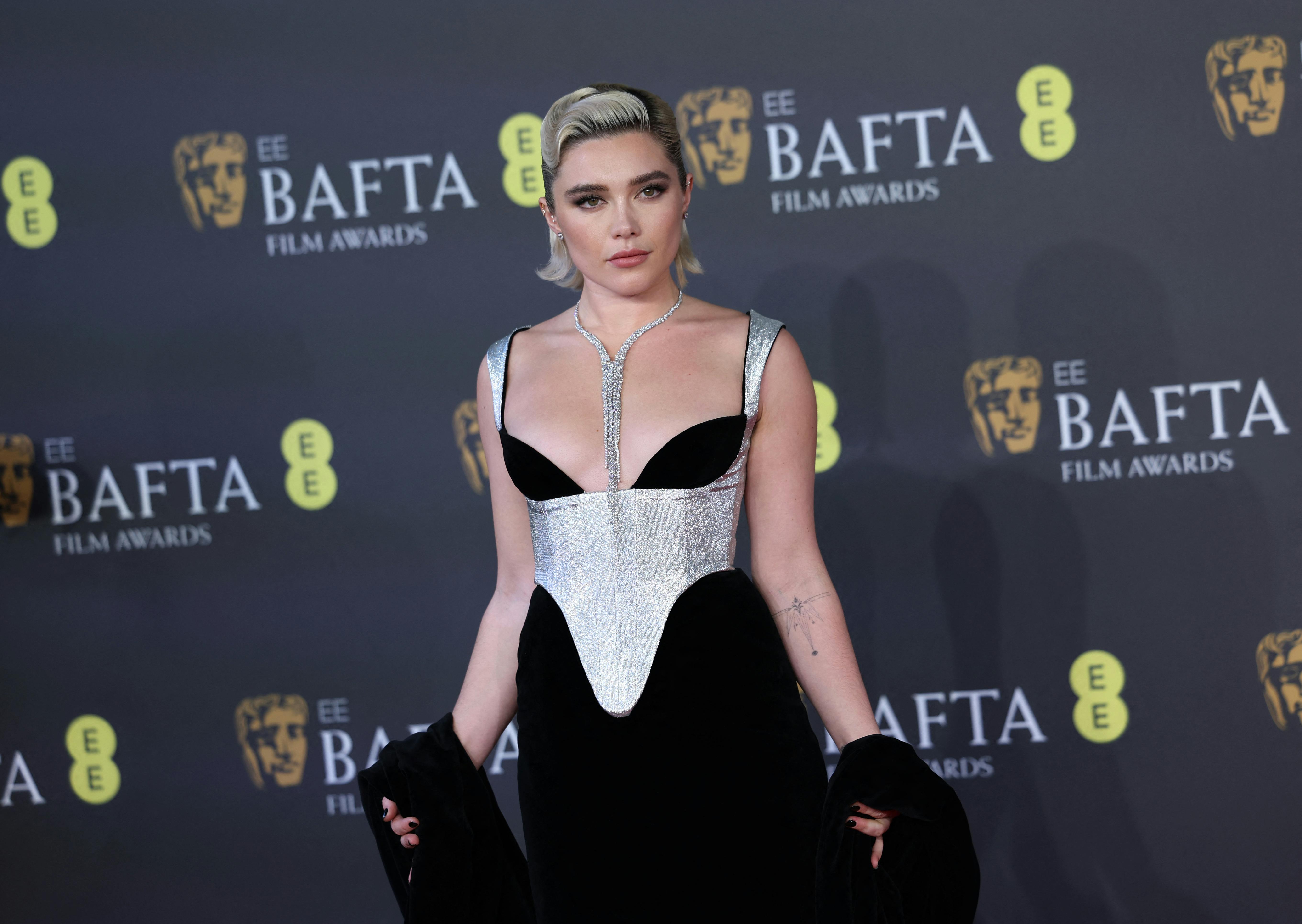 Florence Pugh poses at the 2024 British Academy of Film and Television Awards (BAFTA) at the Royal Festival Hall in the Southbank Centre, London, Britain, February 18, 2024. REUTERS/Isabel Infantes