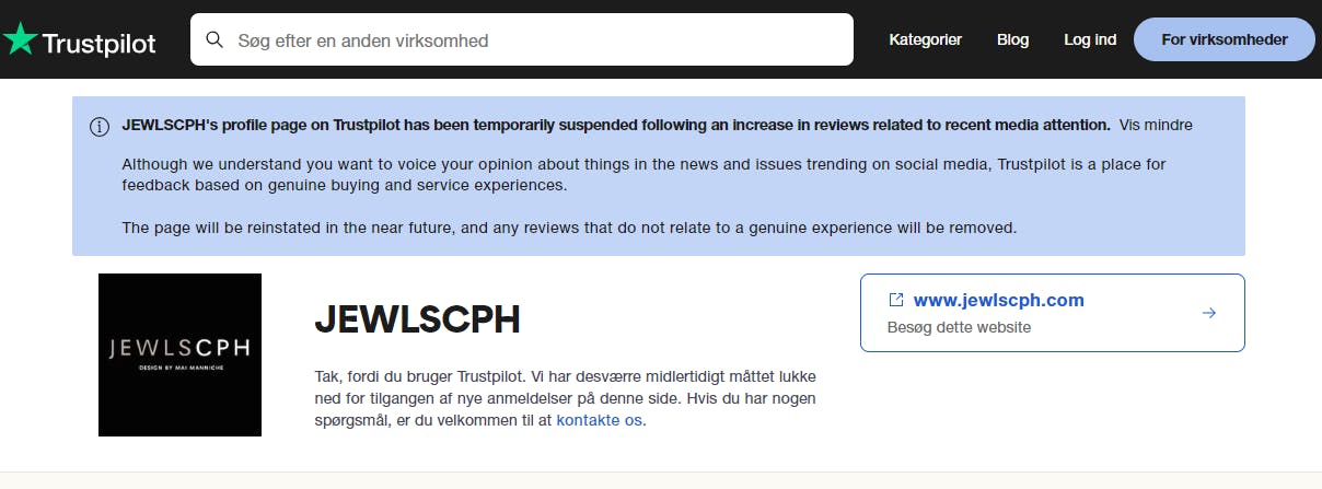 Besøger man JewlsCPH's side på Trustpilot, bliver man i øjeblikket mødt af denne meddelelse.