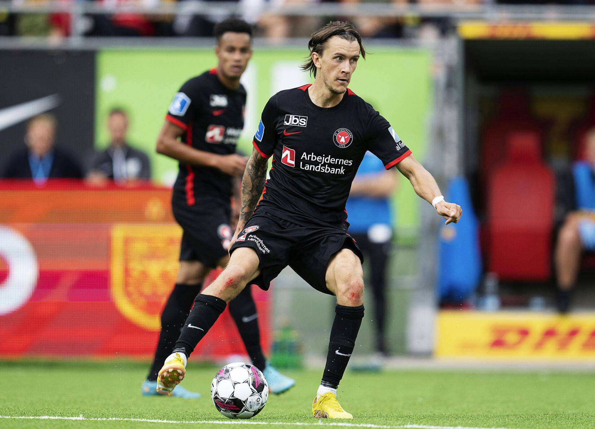 FC Midtjyllands Kristoffer Olsson i aktion under superligakampen mellem FC Nordsjælland og FC Midtjylland i Farum søndag den 11. september 2022.. (Foto: Claus Bech/Ritzau Scanpix)