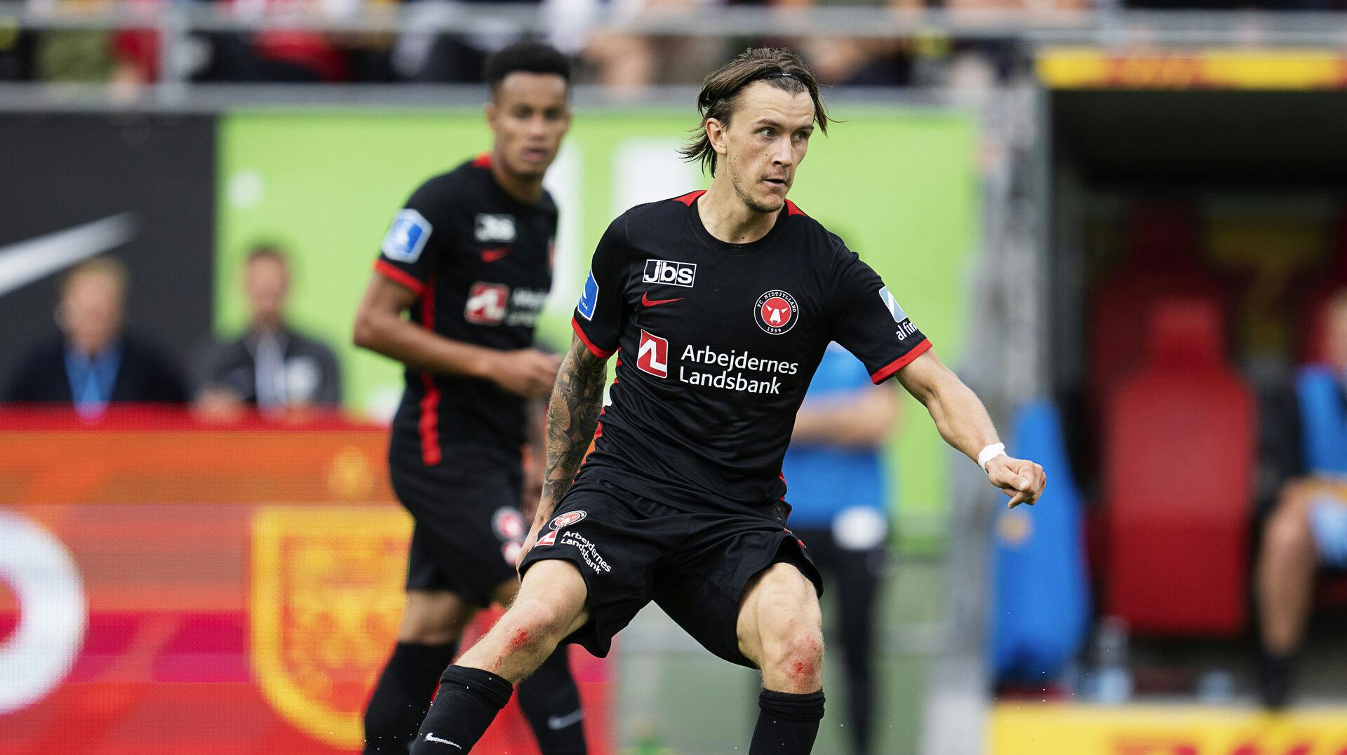 FC Midtjyllands Kristoffer Olsson i aktion under superligakampen mellem FC Nordsjælland og FC Midtjylland i Farum søndag den 11. september 2022. (Foto: Claus Bech/Ritzau Scanpix)