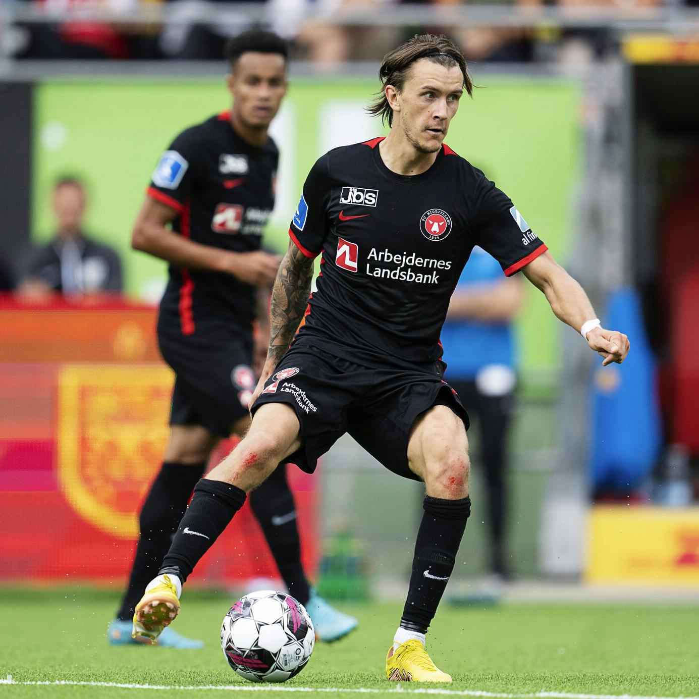 FC Midtjyllands Kristoffer Olsson i aktion under superligakampen mellem FC Nordsjælland og FC Midtjylland i Farum søndag den 11. september 2022.. (Foto: Claus Bech/Ritzau Scanpix)