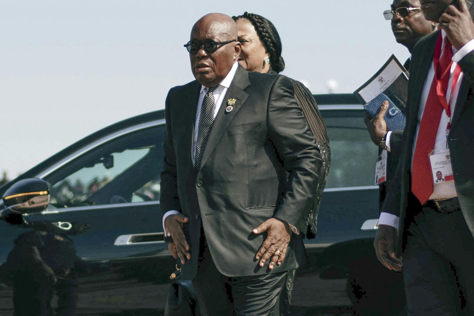 President of Ghana Nana Akufo-Addo arrives at Heroes Acre, south of Windhoek, Namibia, on February 25, 2024 during the funeral for the late Namibian President Hage Geingob. (Photo by Michael Petrus / AFP)