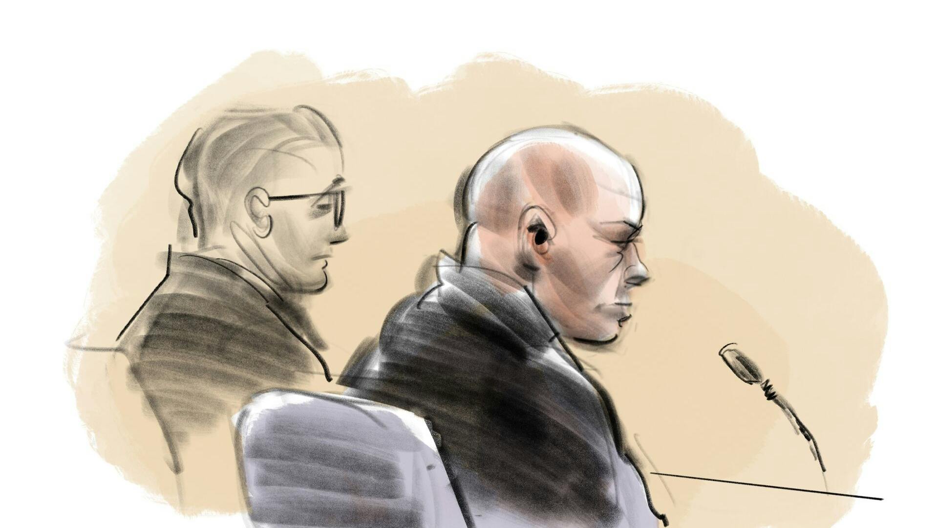 Anthony Mark Patterson (sitting right) accused of having contributed to fraud with dividend tax for several billion kroner sits with his lawyer Henrik Stagetorn in the Court in Glostrup on Thursday February 29, 2024 on this courtroom sketch. Patterson is expected to confess to the fraud. The case will also be heard on Friday March 1, 2024.. (Foto: Jesper Andkjær/Ritzau Scanpix)