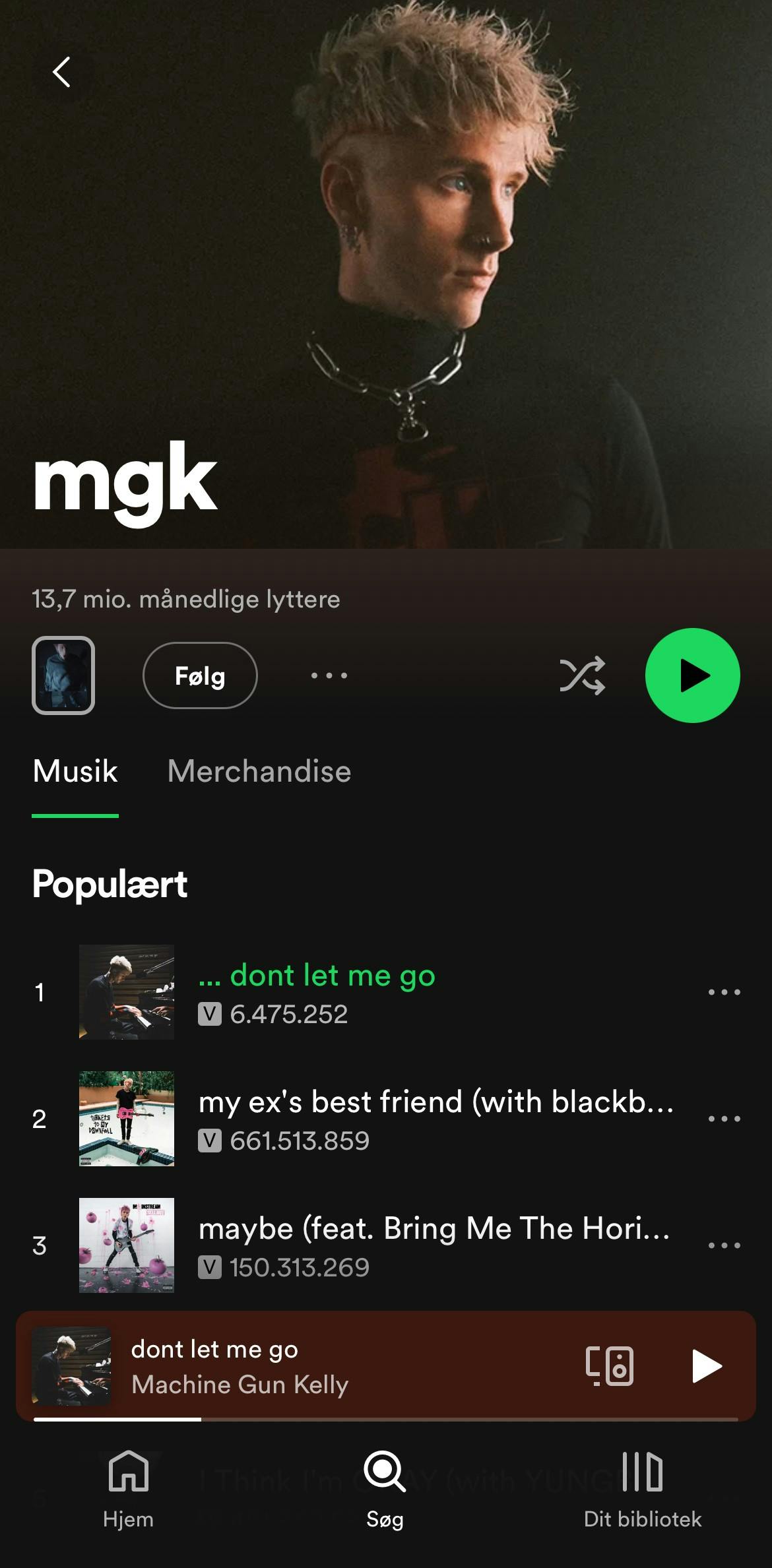 Machine Gun Kellys side på Spotify hedder nu mgk.