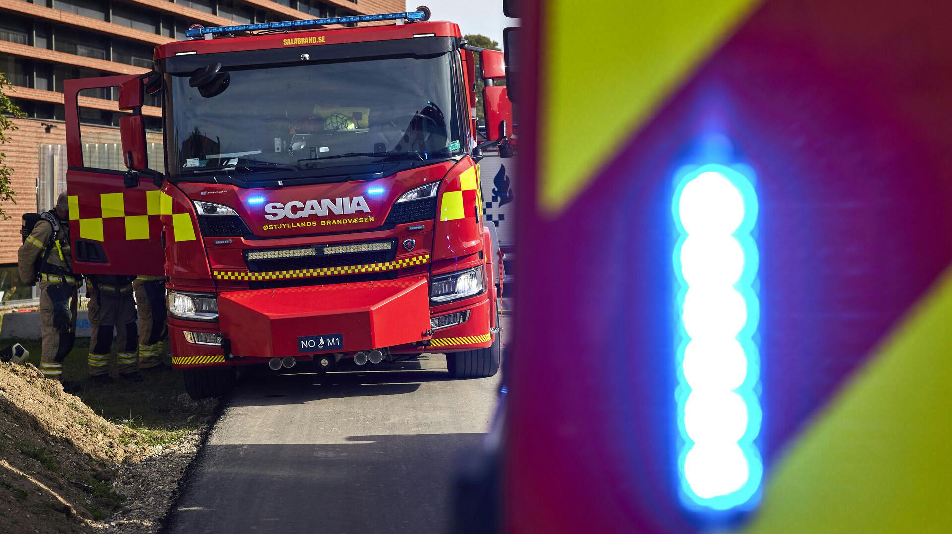 Brand i Musikhuset i Aarhus, tirsdag den 6. september 2022. Østjyllands Brandvæsen er til stede med ni brandbiler. (Foto: Mikkel Berg Pedersen/Ritzau Scanpix)