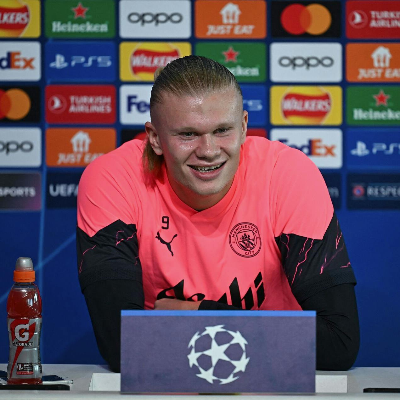 Manchester City's Norwegian striker #09 Erling Haaland attends a press conference at Manchester City's training ground in north-west England on March 5, 2024, on the eve of their UEFA Champions League Group round of 16 second-leg football match against FC Copenhagen. (Photo by Paul ELLIS / AFP)