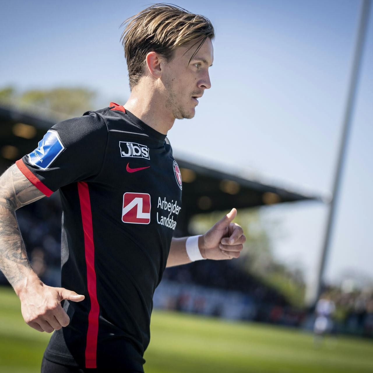 FC Midtjyllands Kristoffer Olsson under 3F superliga-kampen mellem Lyngby Boldklub og FC Midtjylland på Lyngby stadion i Lyngby, søndag den 7. maj 2023. Lyngby vinder 2-1.. (Foto: Mads Claus Rasmussen/Ritzau Scanpix)