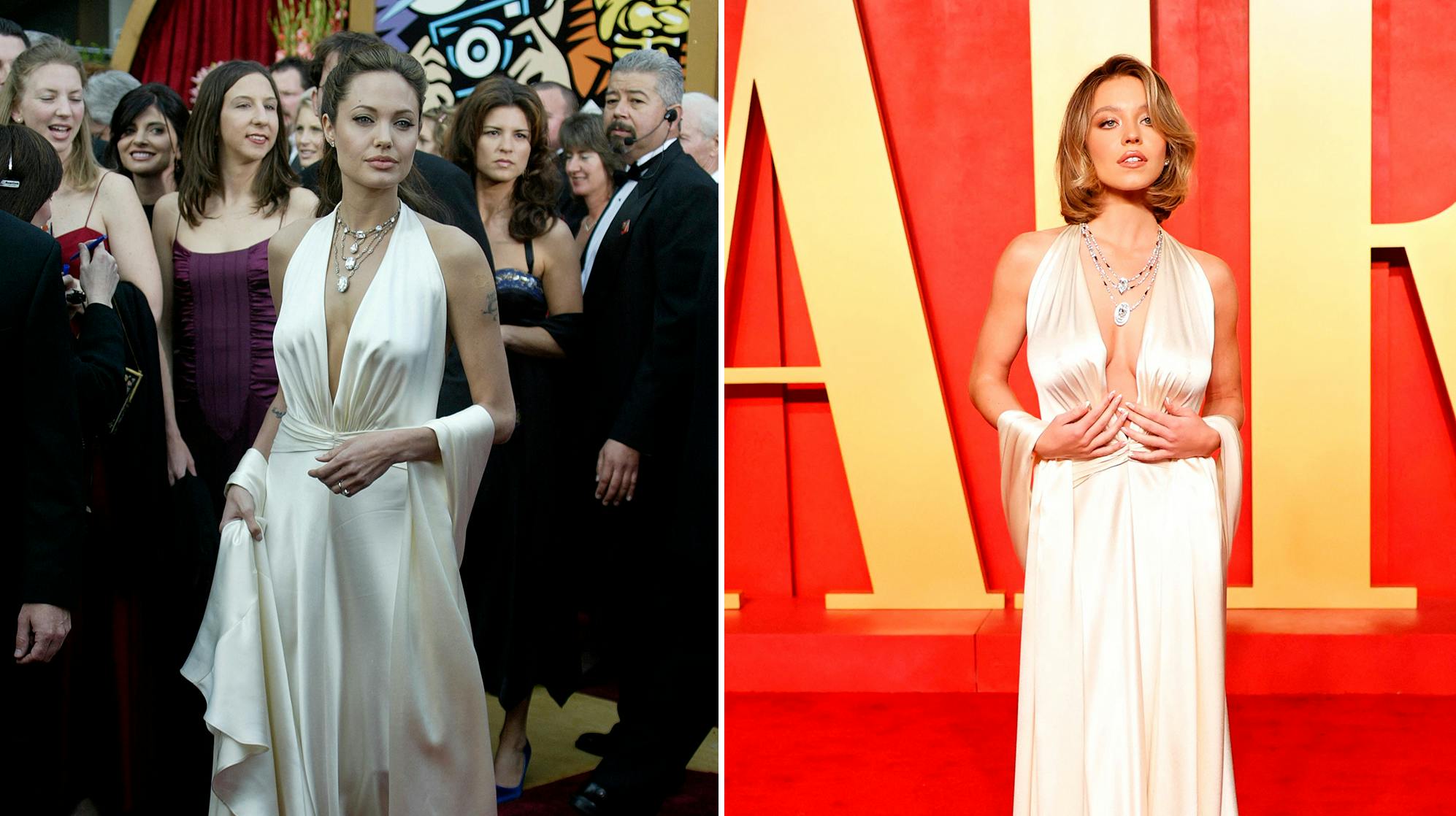 Angelina Jolie havde den hvide Marc Bouwer-kjole på tilbage i 2004. 20 år senere er det så Sydney Sweeney, der har den på.