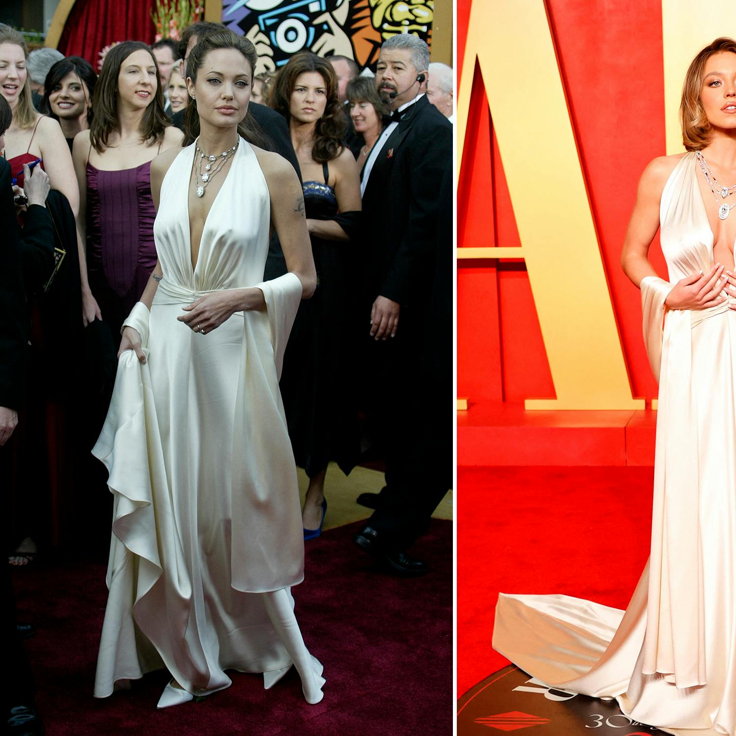 Angelina Jolie havde den hvide Marc Bouwer-kjole på tilbage i 2004. 20 år senere er det så Sydney Sweeney, der har den på.