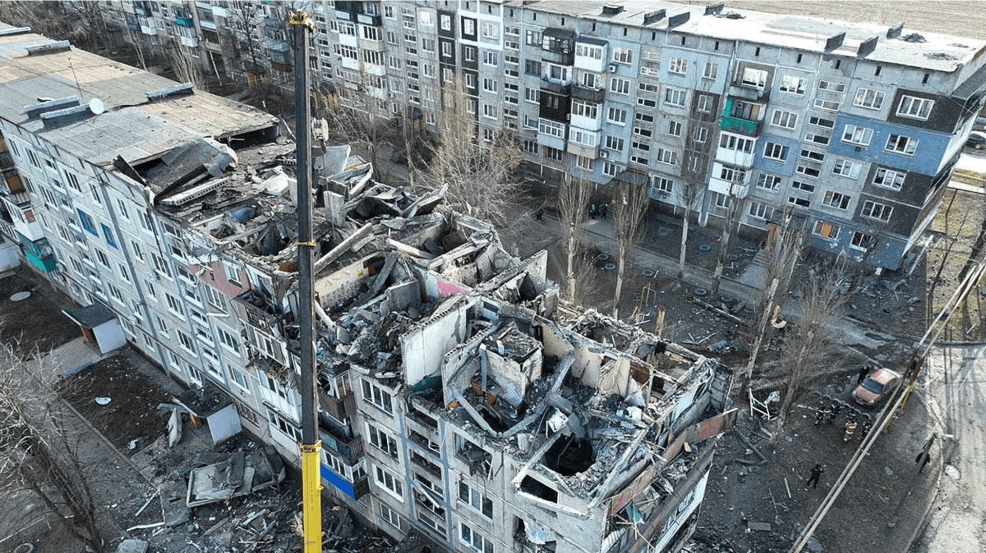 A drone view shows an apartment building