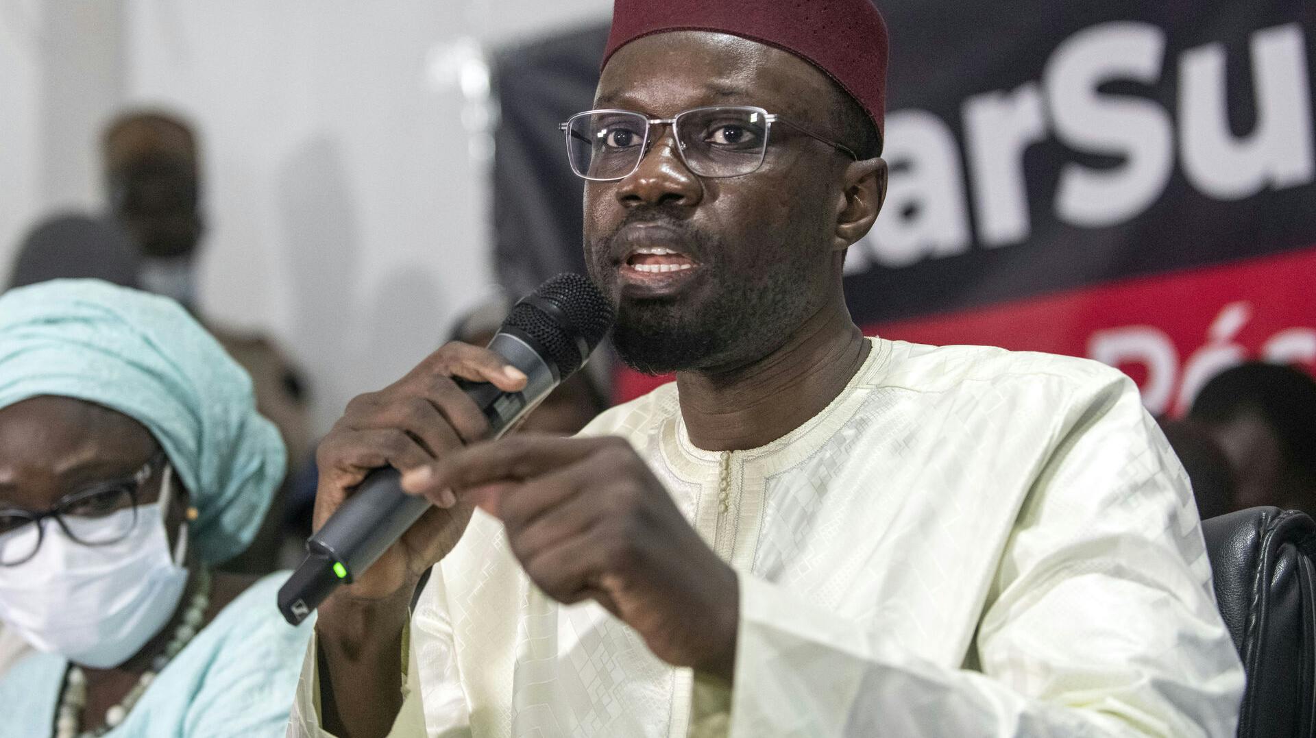 FILE - Senegalese opposition leader Ousmane Sonko addresses