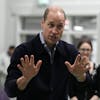 Prince William gestures during his visit to WEST, the new OnSide Youth Zone in Hammersmith and Fulham in London, Thursday, March 14, 2024. Named WEST (standing for 'Where Everyone Sticks Together') by local young people, the new Youth Zone will be staffed by skilled and dedicated youth workers who will support young people from across west London to develop the skills and confidence they need to achieve their dreams. (AP Photo/Frank Augstein, Pool)