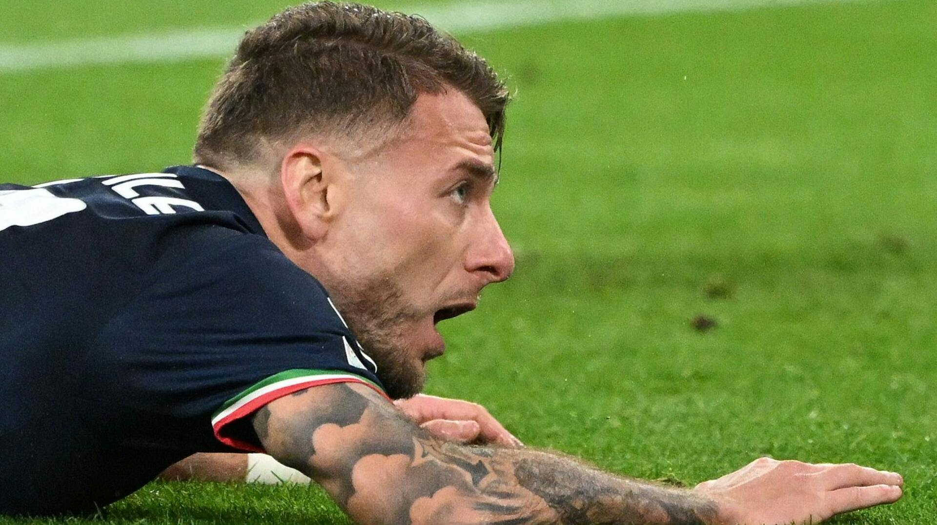 Lazio's Italian forward #17 Ciro Immobile falls during the UEFA Champions League round of 16, second-leg football match between FC Bayern Munich and Lazio in Munich, southern Germany on March 5, 2024. (Photo by Kirill KUDRYAVTSEV / AFP)