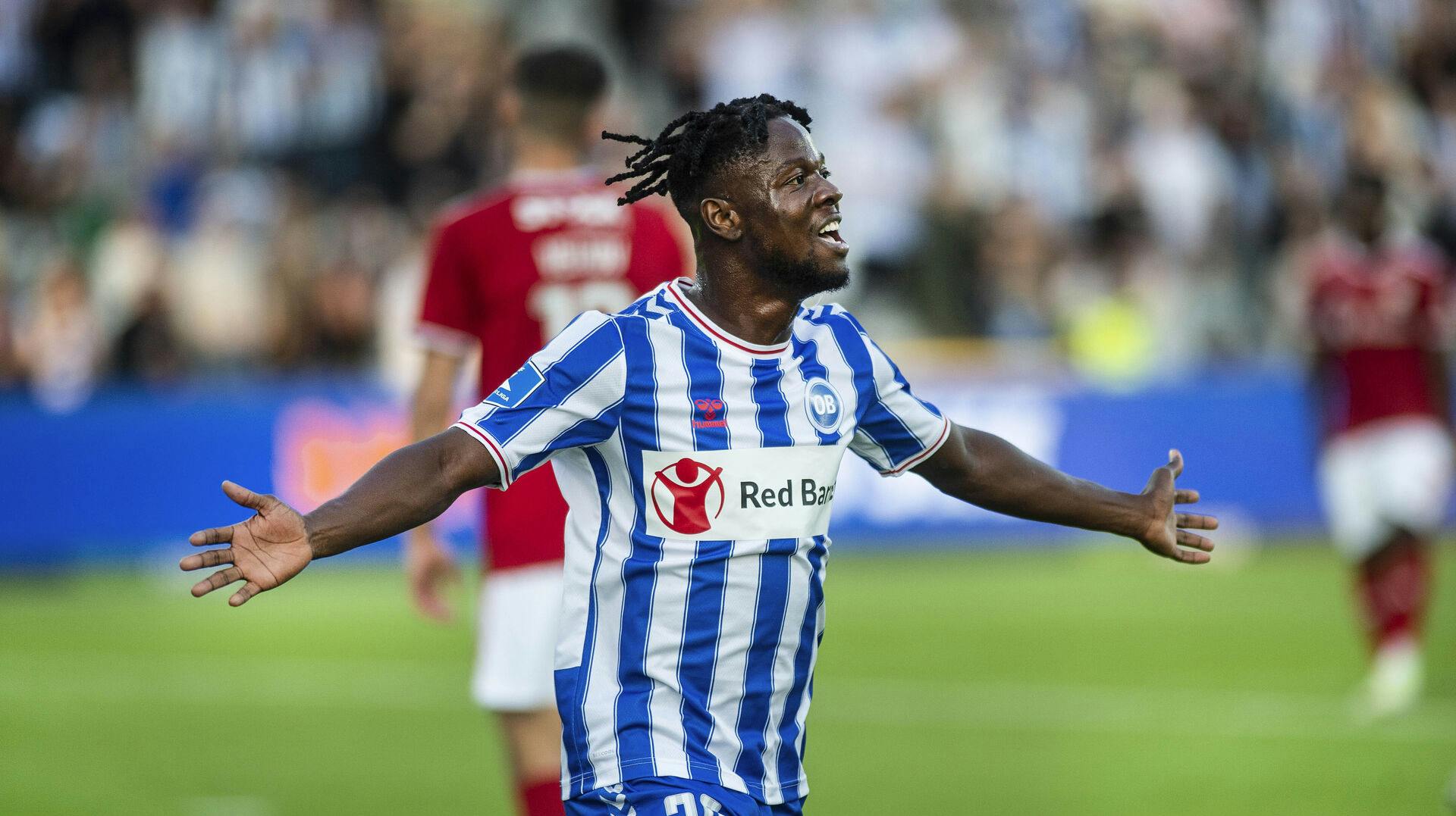 Målscore Don Dreedson, OB. Superligakampen mellem OB og Vejle Boldklub i Odense fredag den 1. september 2023. (Foto: Tim Kildeborg Jensen/Ritzau Scanpix)