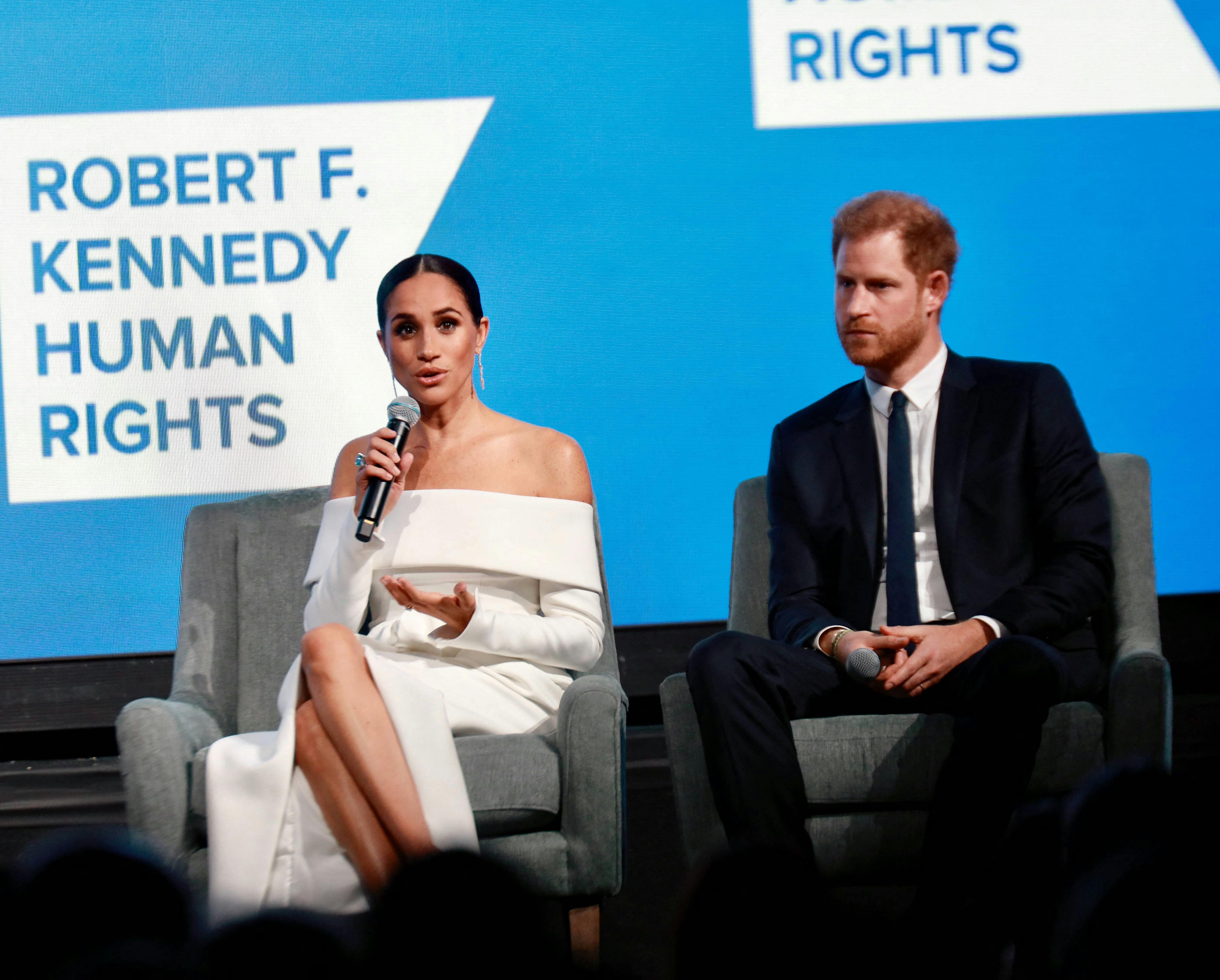 Meghan Markle , Prince Harry at the RFK awards. 06 Dec 2022 Pictured: Meghan Markle and Prince Harry. Photo credit: SteveSands/NewYorkNewswire/MEGA TheMegaAgency.com +1 888 505 6342 (Mega Agency TagID: MEGA924182_001.jpg) [Photo via Mega Agency]