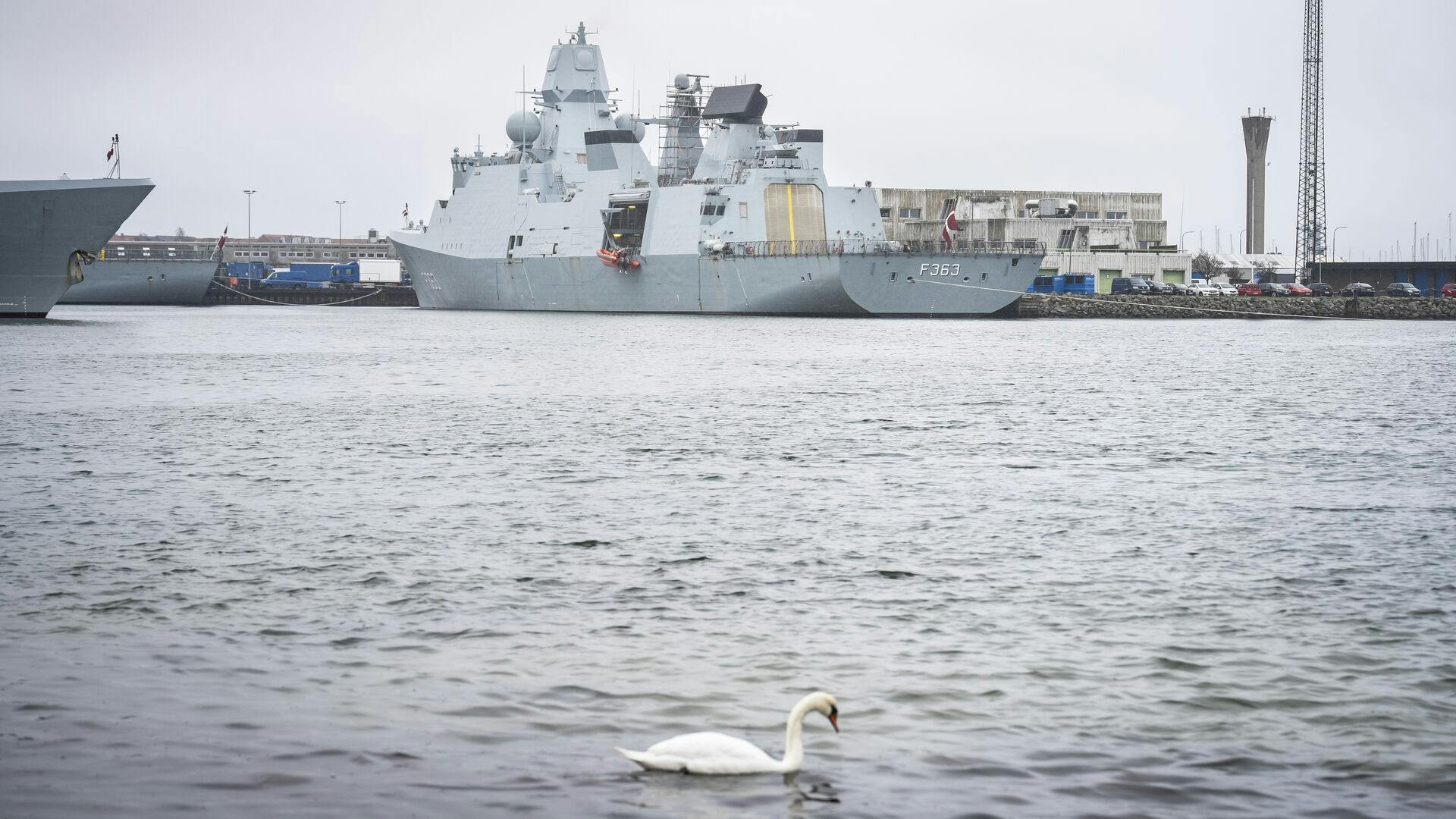 The Danish naval frigate Niels Juel is docked in Korsør on Thursday, April 4, 2024. During a mandatory test, the lifting rocket of a Harpoon missile aboard the frigate "Niels Juel" has been activated, and it cannot be turned off, the Defense announced on Thursday in a press release. (Photo: Emil Nicolai Helms/Scanpix 2024)