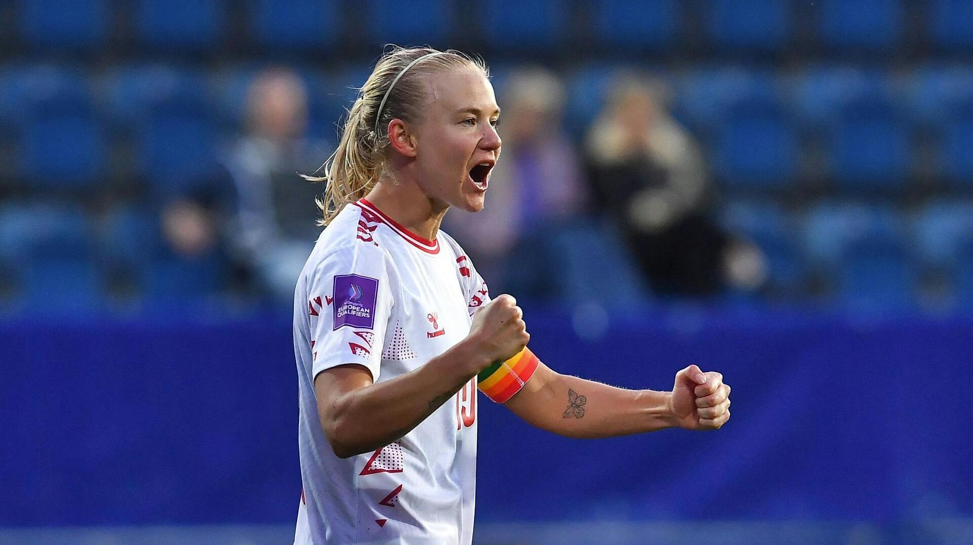 Denmark's defender #15 Frederikke Skjodt Thogersen celebrates during the UEFA Women's Euro 2025 qualifying football match between Czech Republic and Denmark in Uherske Hradiste, Czech Republic on April 5, 2024. (Photo by Michal Cizek / AFP)