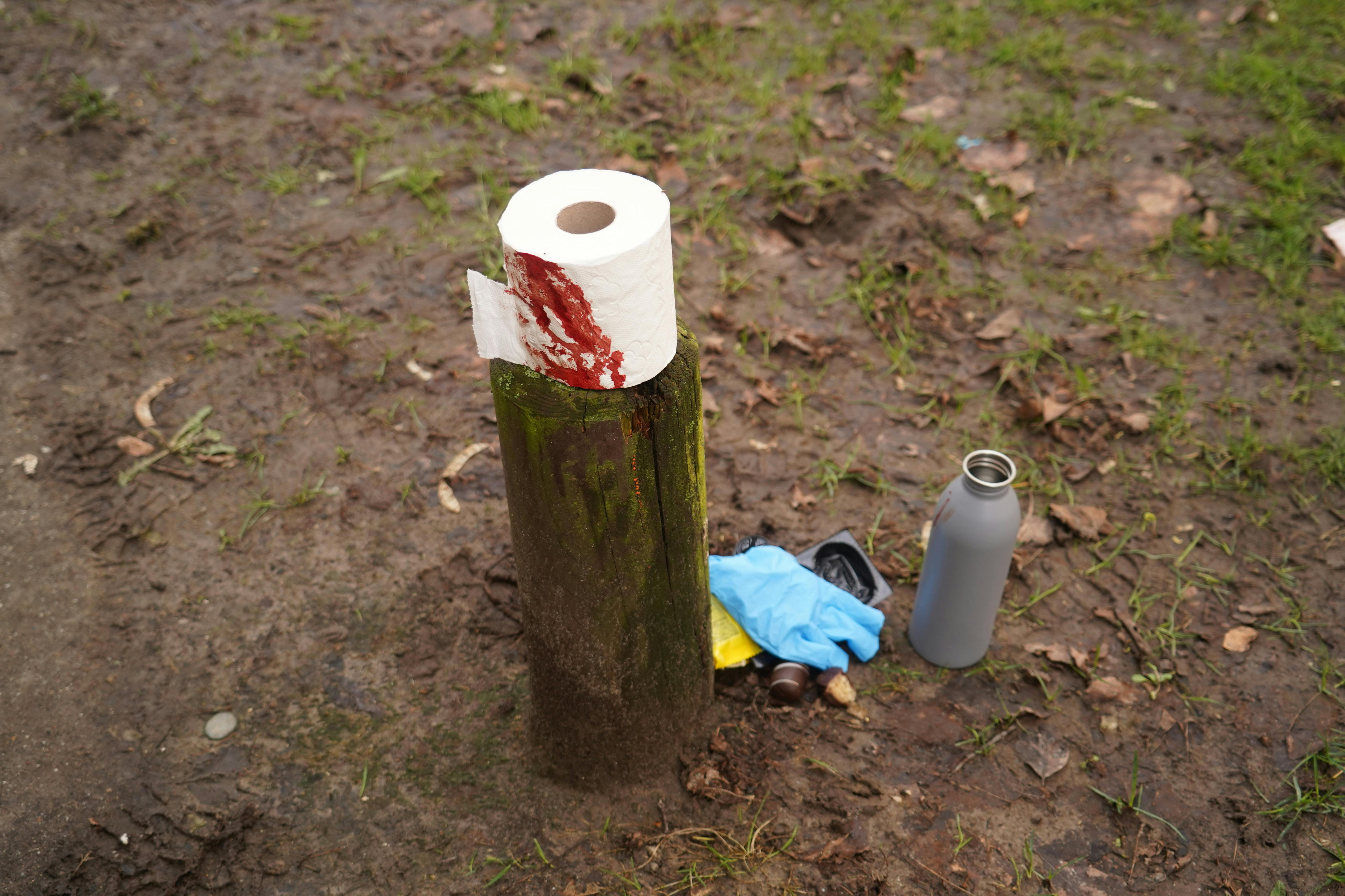 På billeder fra stedet er der tydelige spor af blod på nogle toiletruller.