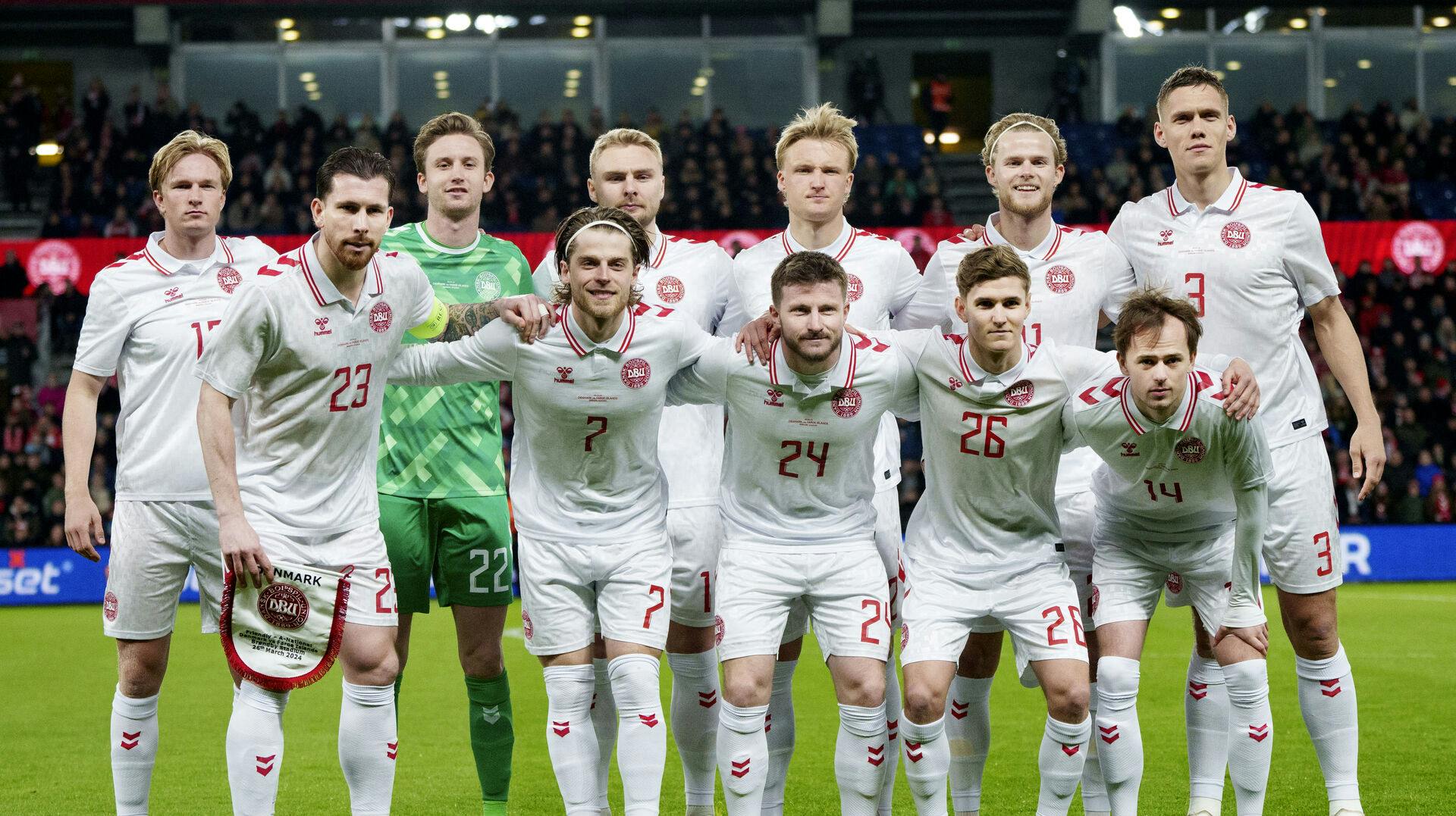 Den danske startopstilling i venskabskampen mellem Danmark og Færøerne på Brøndby Stadion, tirsdag den 26 marts 2024. (Foto: Liselotte Sabroe/Ritzau Scanpix)
