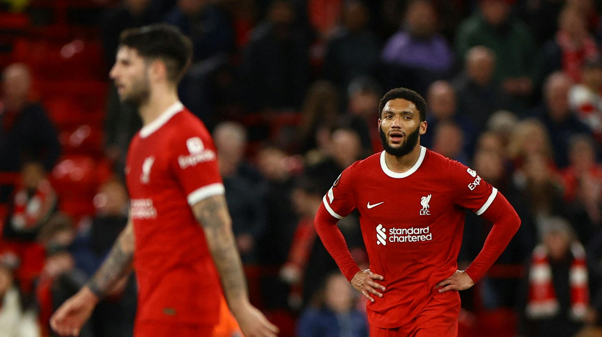 Soccer Football - Europa League - Quarter Final - First Leg - Liverpool v Atalanta - Anfield, Liverpool, Britain - April 11, 2024 Liverpool's Joe Gomez looks dejected after the match REUTERS/Molly Darlington