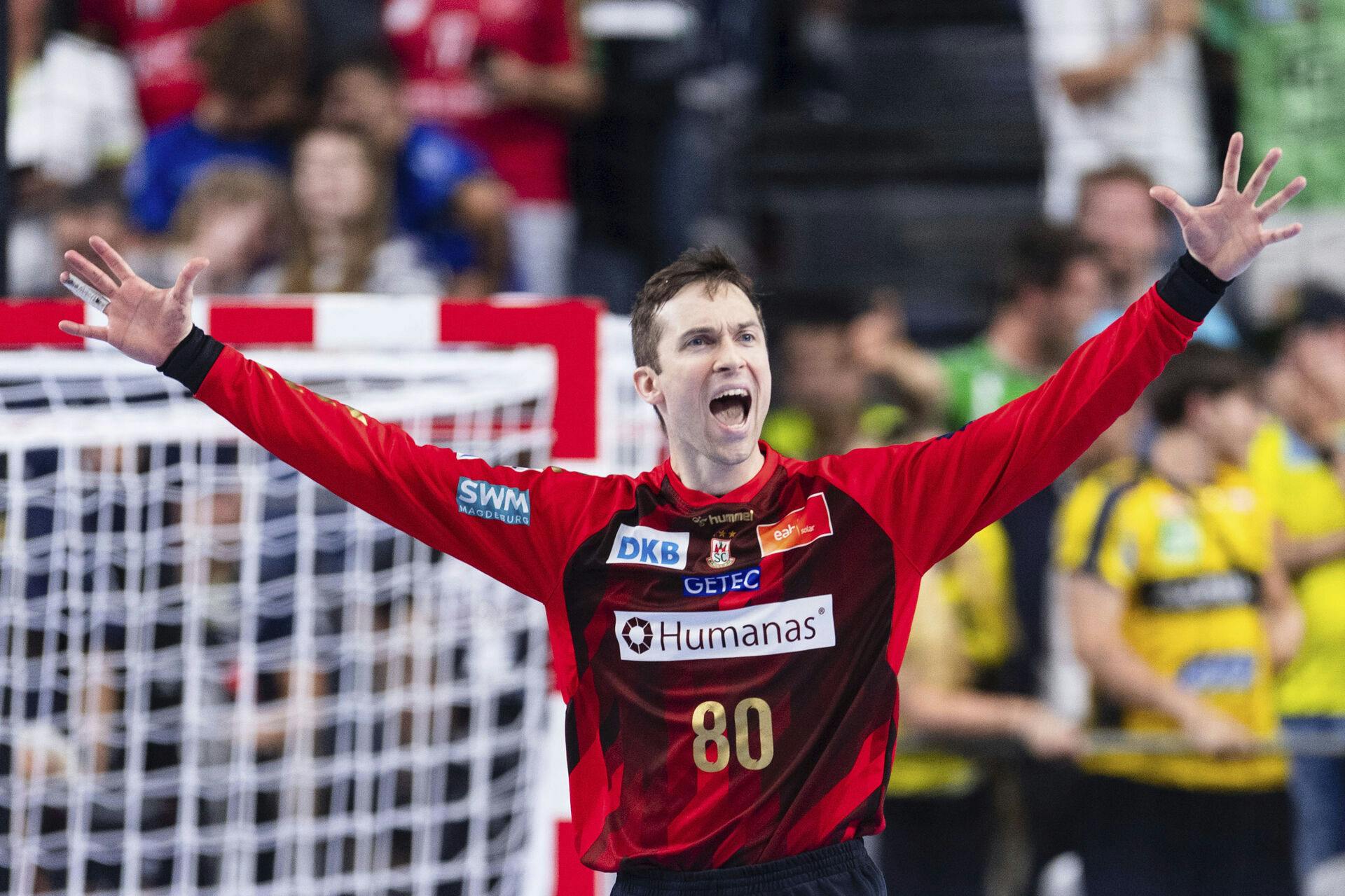 18 June 2023, North Rhine-Westphalia, Cologne: Handball: Champions League, SC Magdeburg - KS Kielce, Final Round, Final Four, Final, Lanxess Arena. Magdeburg's Nikola Portner cheers after a save. Photo by: Marius Becker/picture-alliance/dpa/AP Images