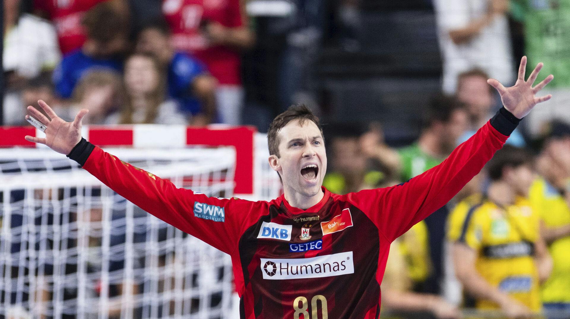 18 June 2023, North Rhine-Westphalia, Cologne: Handball: Champions League, SC Magdeburg - KS Kielce, Final Round, Final Four, Final, Lanxess Arena. Magdeburg's Nikola Portner cheers after a save. Photo by: Marius Becker/picture-alliance/dpa/AP Images