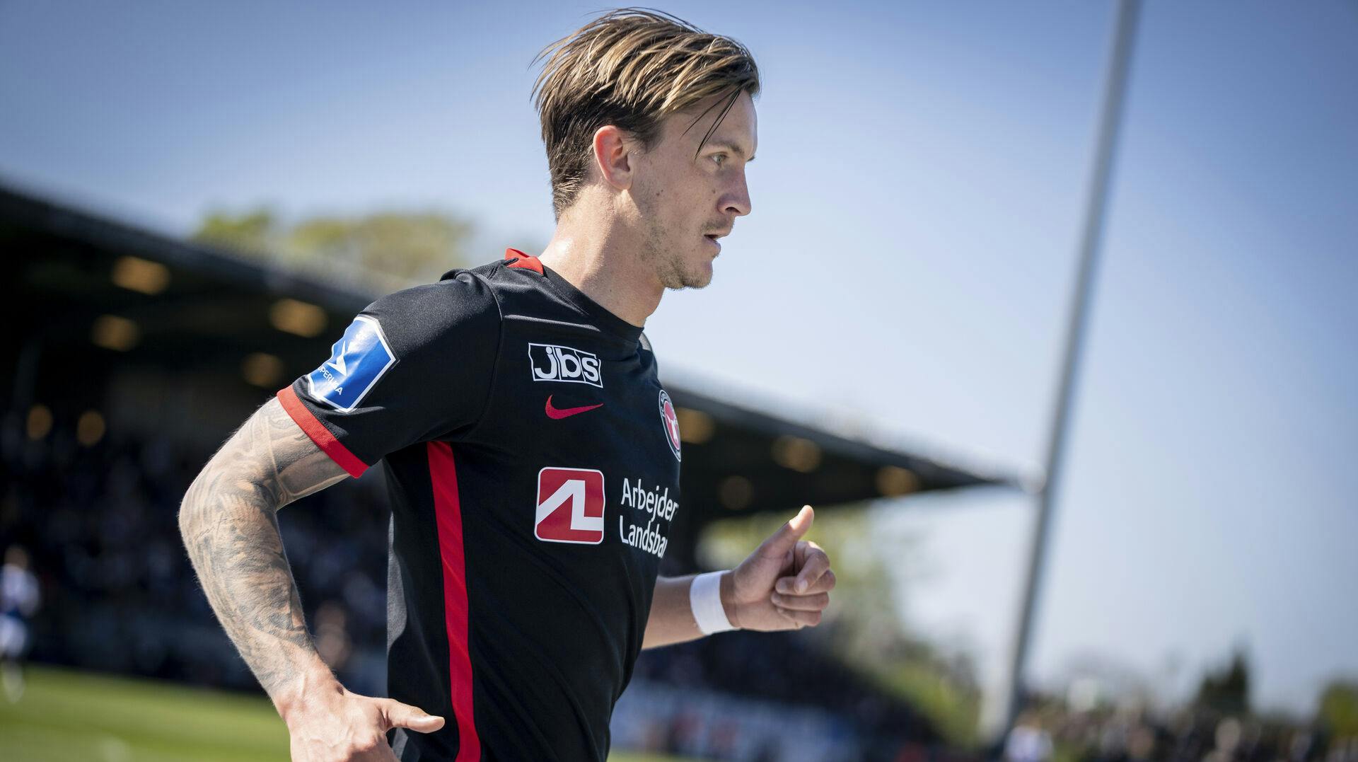 FC Midtjyllands Kristoffer Olsson under 3F superliga-kampen mellem Lyngby Boldklub og FC Midtjylland på Lyngby stadion i Lyngby, søndag den 7. maj 2023. Lyngby vinder 2-1.. (Foto: Mads Claus Rasmussen/Ritzau Scanpix)