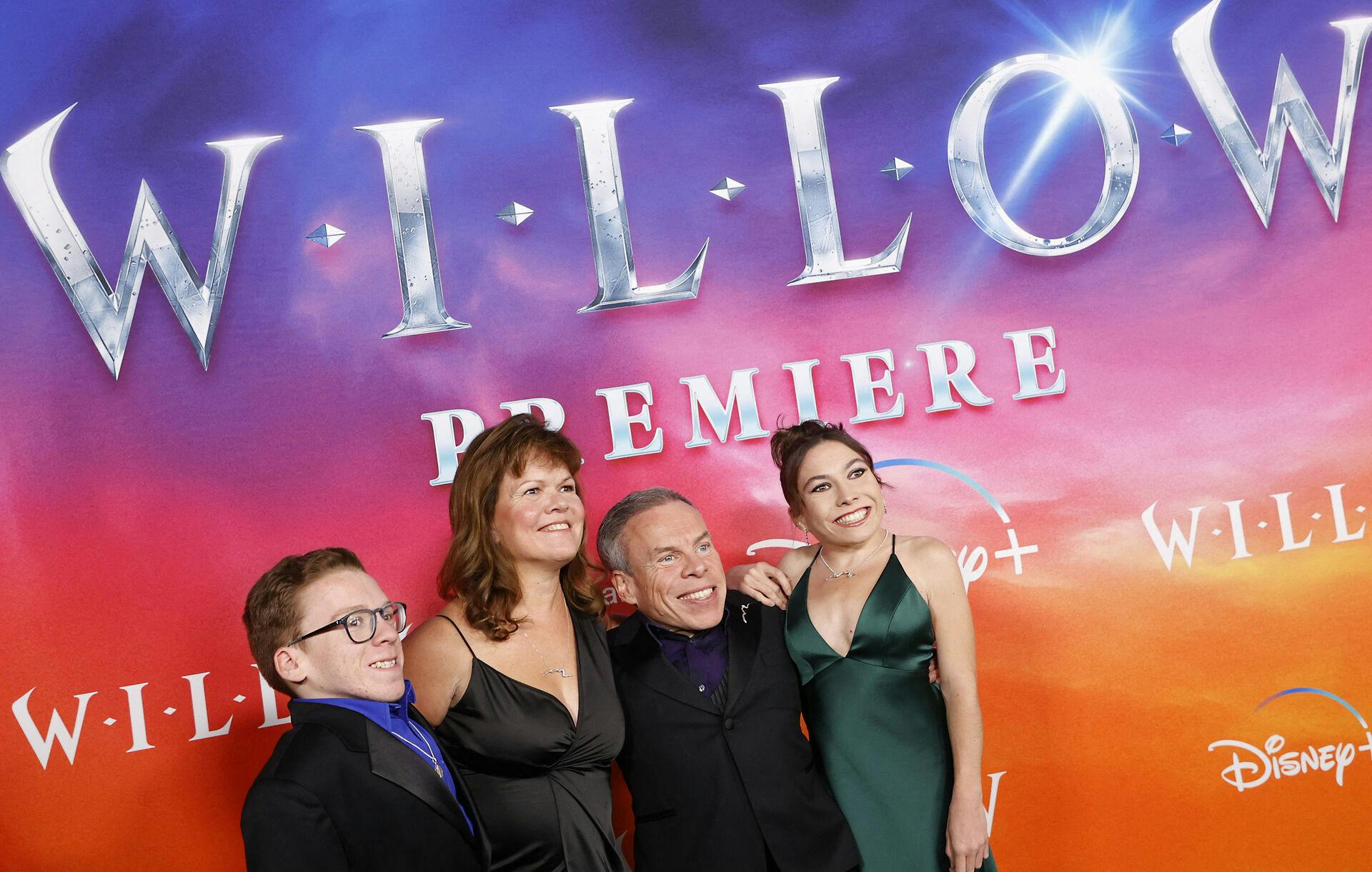 (L-R) Harrison Davis, Samantha Davis, Warwick Davis, and Annabelle Davis attend the premiere of Lucasfilm and Imagine Entertainment's new series "Willow" at the Regency Village Theatre in Westwood, California, on November 29, 2022. Michael Tran / AFP