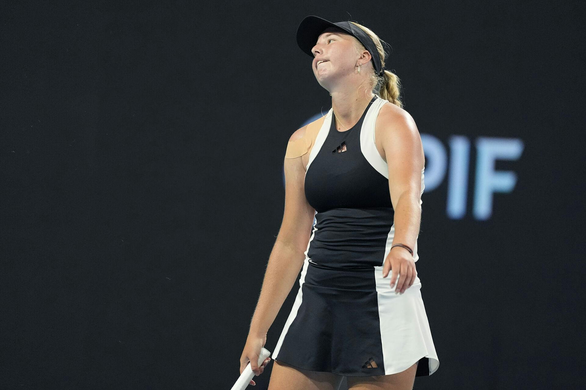 Clara Tauson, of Denmark, reacts after losing a point against Elena Rybakina, of Kazakhstan, during the Miami Open tennis tournament, Thursday, March 21, 2024, in Miami Gardens, Fla. (AP Photo/Lynne Sladky)