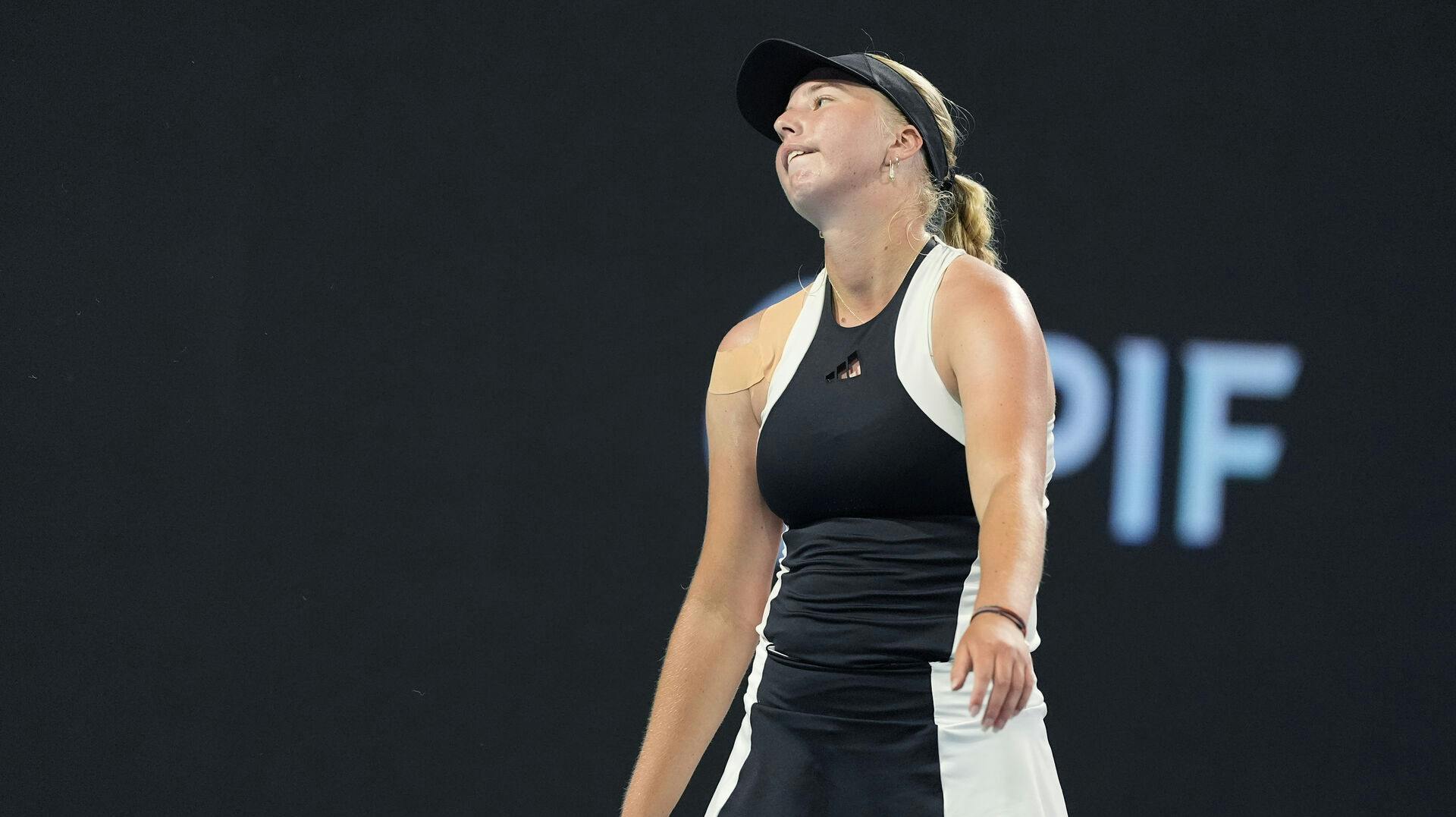 Clara Tauson, of Denmark, reacts after losing a point against Elena Rybakina, of Kazakhstan, during the Miami Open tennis tournament, Thursday, March 21, 2024, in Miami Gardens, Fla. (AP Photo/Lynne Sladky)