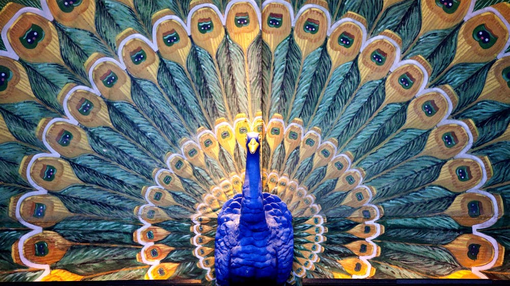 Her ses påfugletæppet, som det står nu. Det nye tæppe, der er designet af dronning Margrethe, har endnu ikke set dagens lys i Tivoli. Det bliver afsløret i forbindelse med Pantomimeteaterets 150-års-fejring 8. maj. (Arkivfoto). 