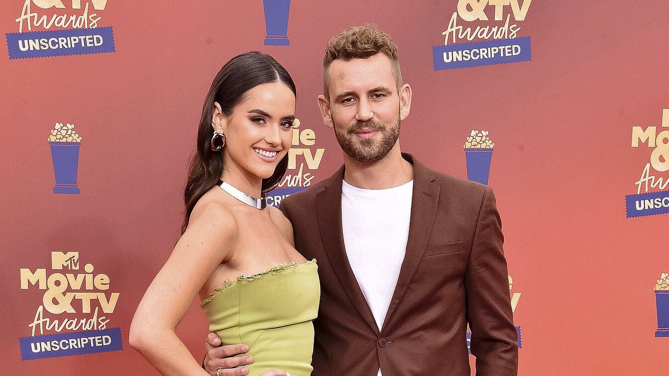 Natalie Joy and Nick Viall attend the 2022 MTV Movie and TV Awards: UNSCRIPTED at Barker Hangar in Santa Monica, Los Angeles, USA, on 02 June 2022. Photo by: Hubert Boesl/picture-alliance/dpa/AP Images