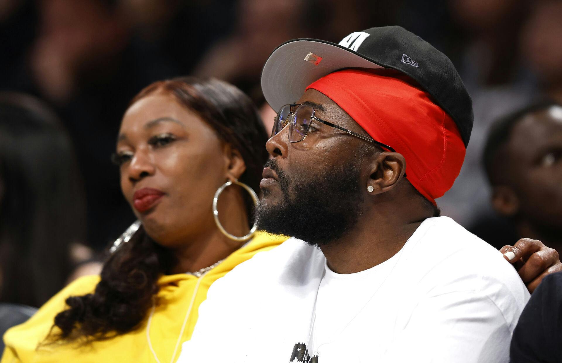 Elbert Smith, father of Brooklyn Nets forward Dorian Finney-Smith, seen court side with his wife Desiree, during the first half of an NBA basketball game between the Nets and Kings, Sunday, April 7, 2024 in New York. (AP Photo/Noah K. Murray)