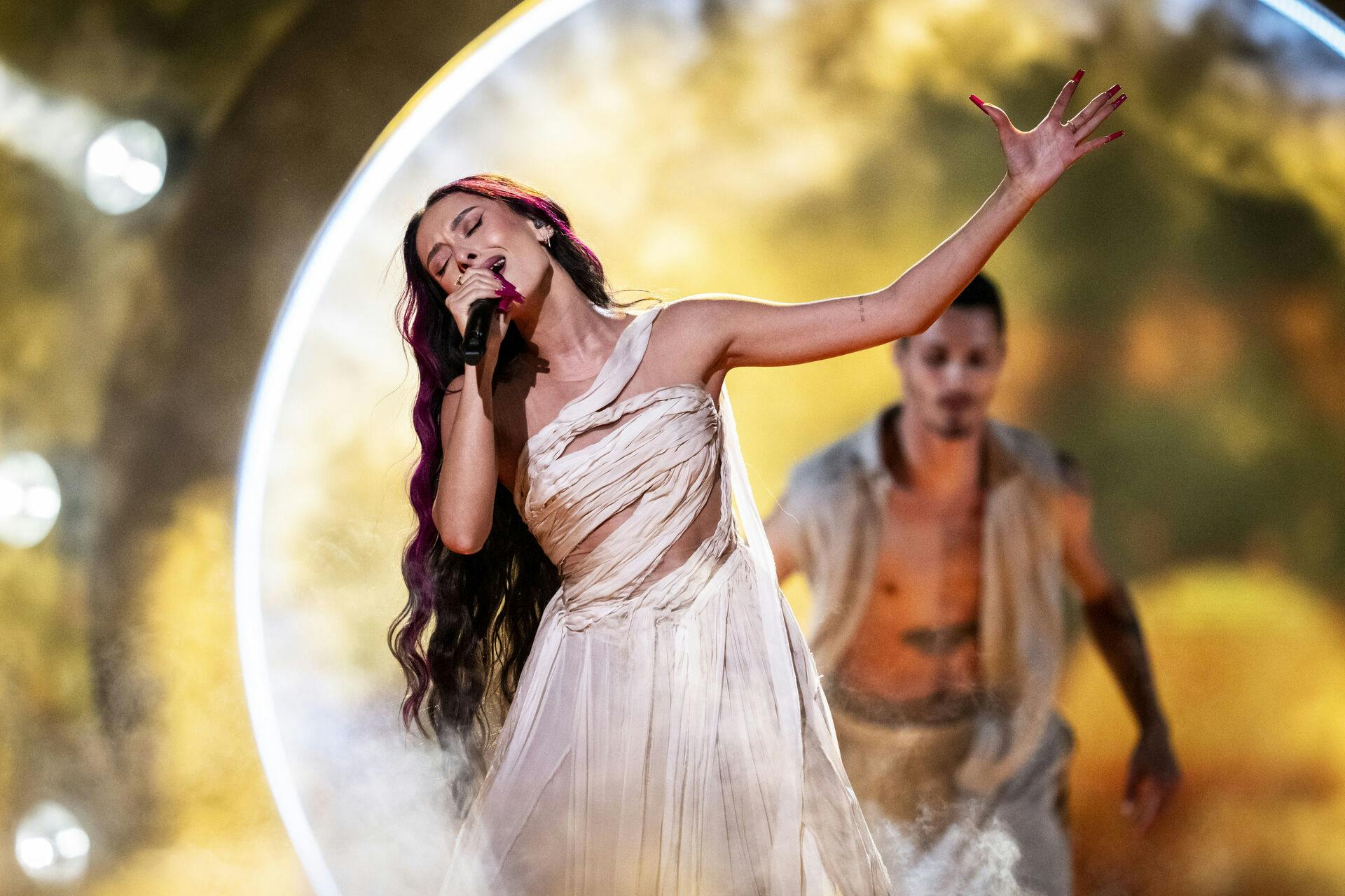 Israels deltager Eden Golan optræder med sangen 'Hurricane' i første generalprøve til den anden semifinale i årets Eurovision i Malmø Arena i Sverige, onsdag den 8. maj 2024. Danmarks deltager kæmper i denne anden semifinale om en plads i finalen, der afholdes lørdag.