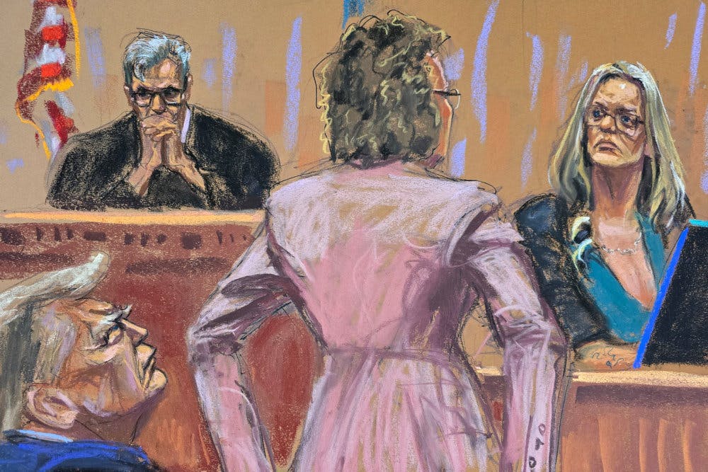 På denne tegning fra retten udspørges Stormy Daniels af Trump-advokaten Susan Necheles. 