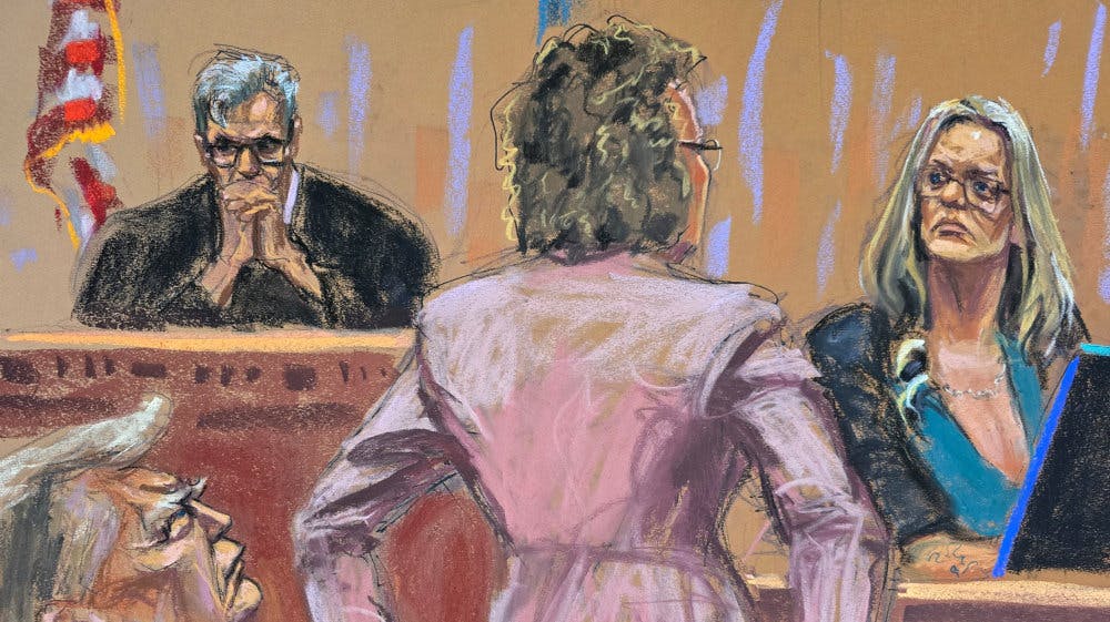 På denne tegning fra retten udspørges Stormy Daniels af Trump-advokaten Susan Necheles.