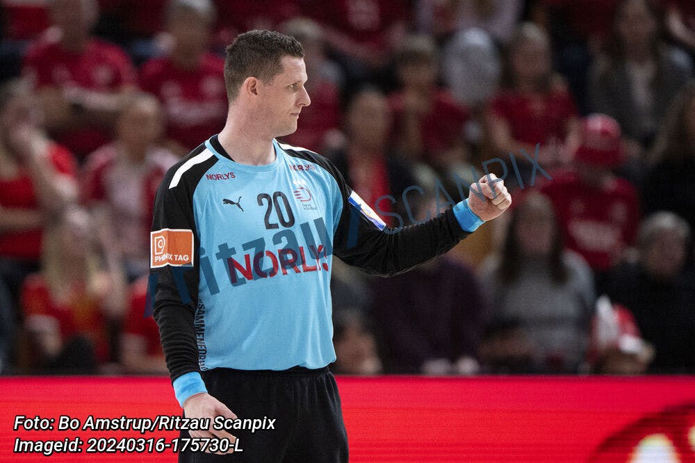 Denmark's goalkeeper Kevin Møller reacts after a save during the men's handball match between Denmark and Switzerland at Djurslands Bank Arena in Aarhus on Saturday, March 16, 2024. (Photo: Bo Amstrup/Ritzau Scanpix)
