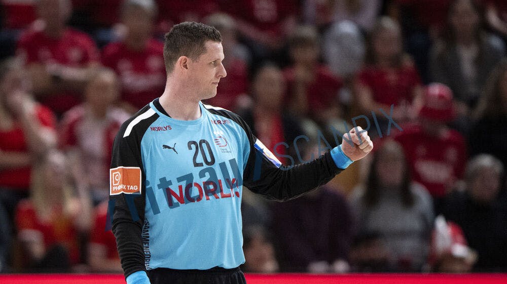 Denmark's goalkeeper Kevin Møller reacts after a save during the men's handball match between Denmark and Switzerland at Djurslands Bank Arena in Aarhus on Saturday, March 16, 2024. (Photo: Bo Amstrup/Ritzau Scanpix)