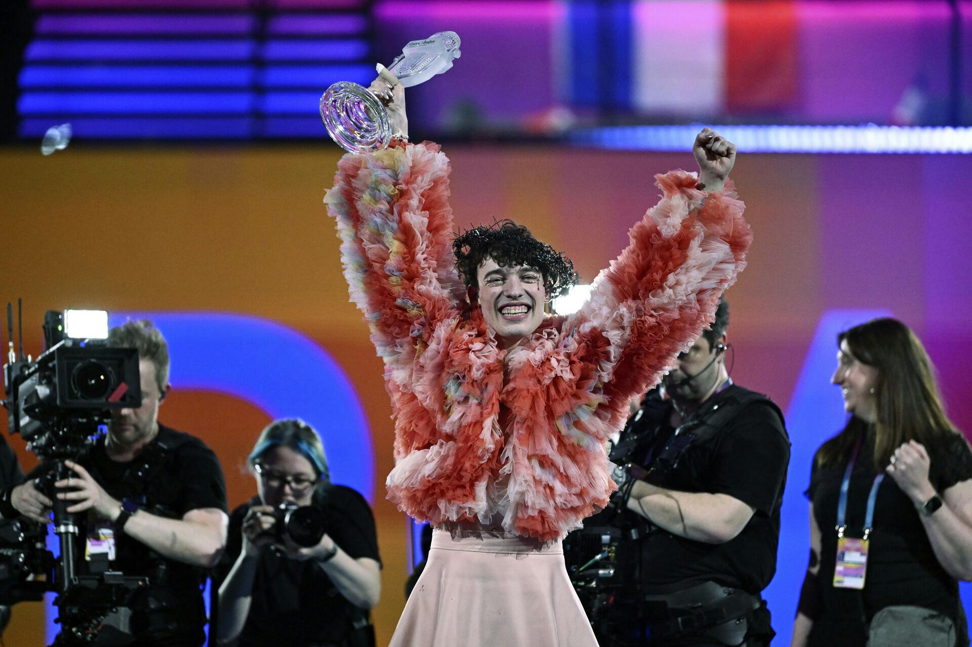 Nemo, representing Switzerland, with the song "The Code, " wins the final of the 68th edition of the Eurovision Song Contest at the Malmö Arena, in Malmø, Sweden, Saturday, May 11, 2024. (Jessica Gow/TT News Agency via AP)