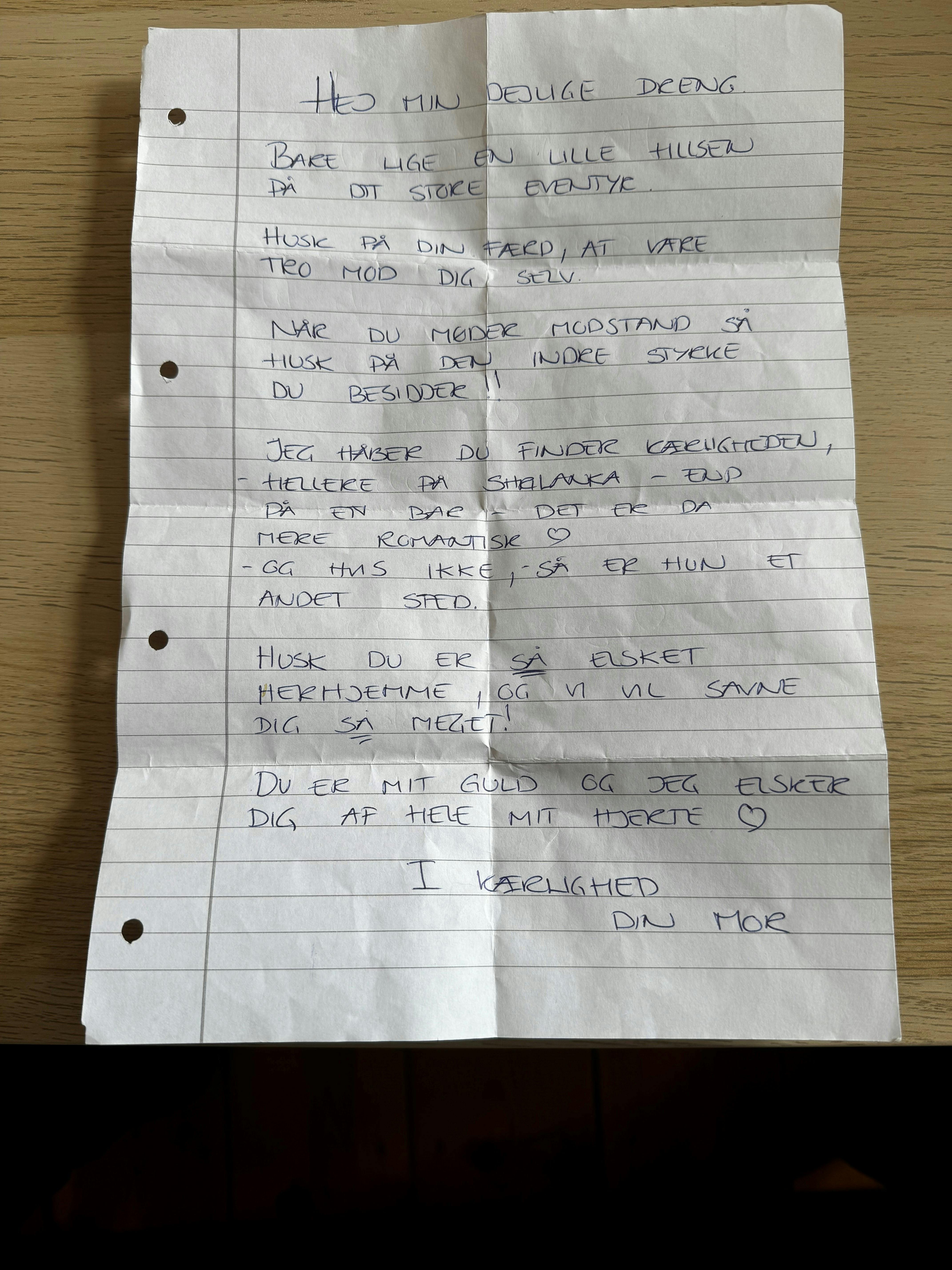 Mads Hansens "mutti" havde lagt dette håndskrevne brev i sønnens kuffert.