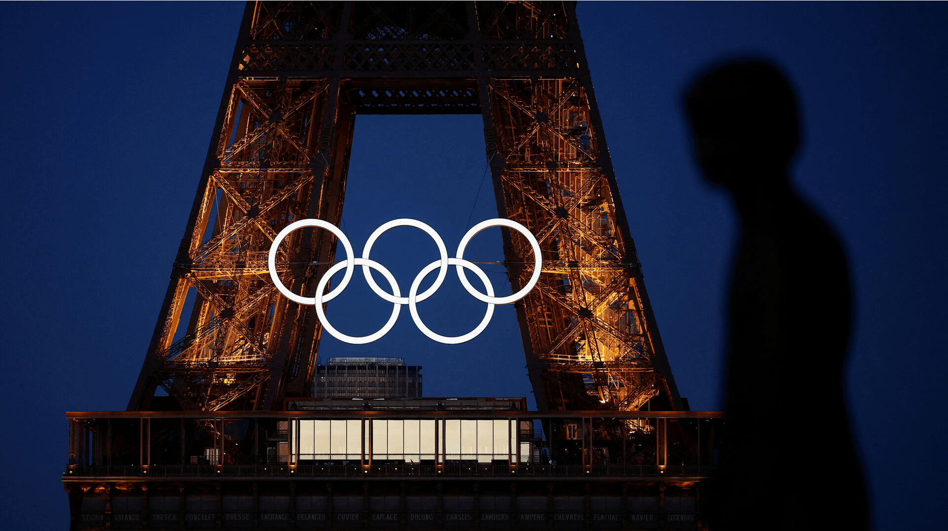 The Olympic rings are displayed on the first floor of the Eiffel Tower ahead of the Paris 2024 Olympic games in Paris, France, June 9, 2024 REUTERS/Benoit Tessier